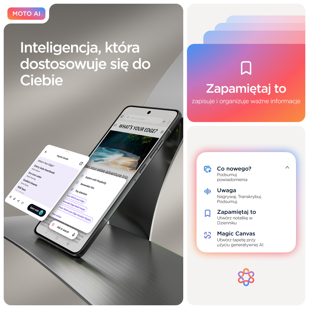 Smartfon wyświetlający adaptacyjne funkcje Moto AI z różnymi opcjami menu.