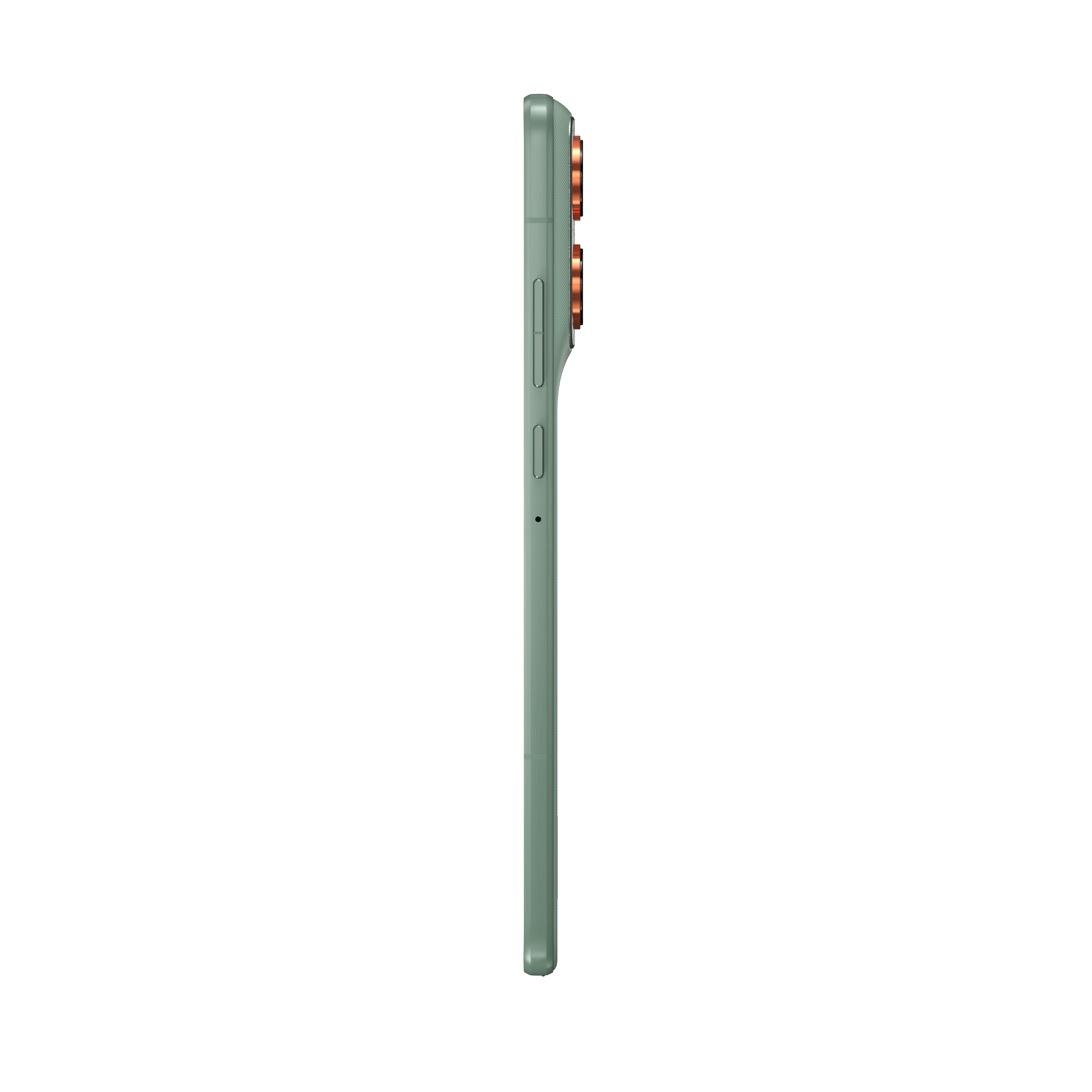 Zielony smartfon z profilu, z wieloma aparatami i miedzianymi detalami.