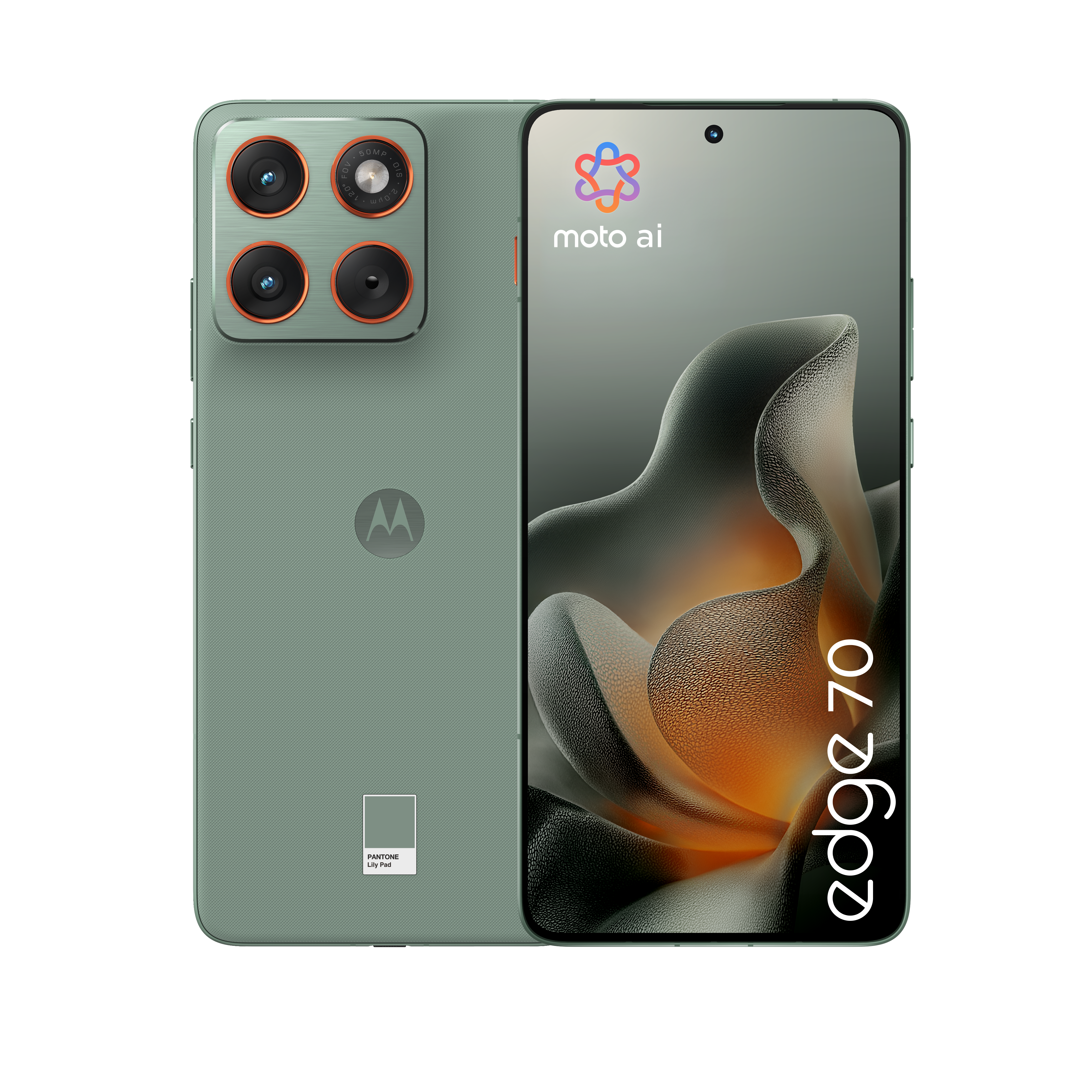 Zielony telefon Motorola z czterema aparatami i napisem „edge 70” na ekranie.