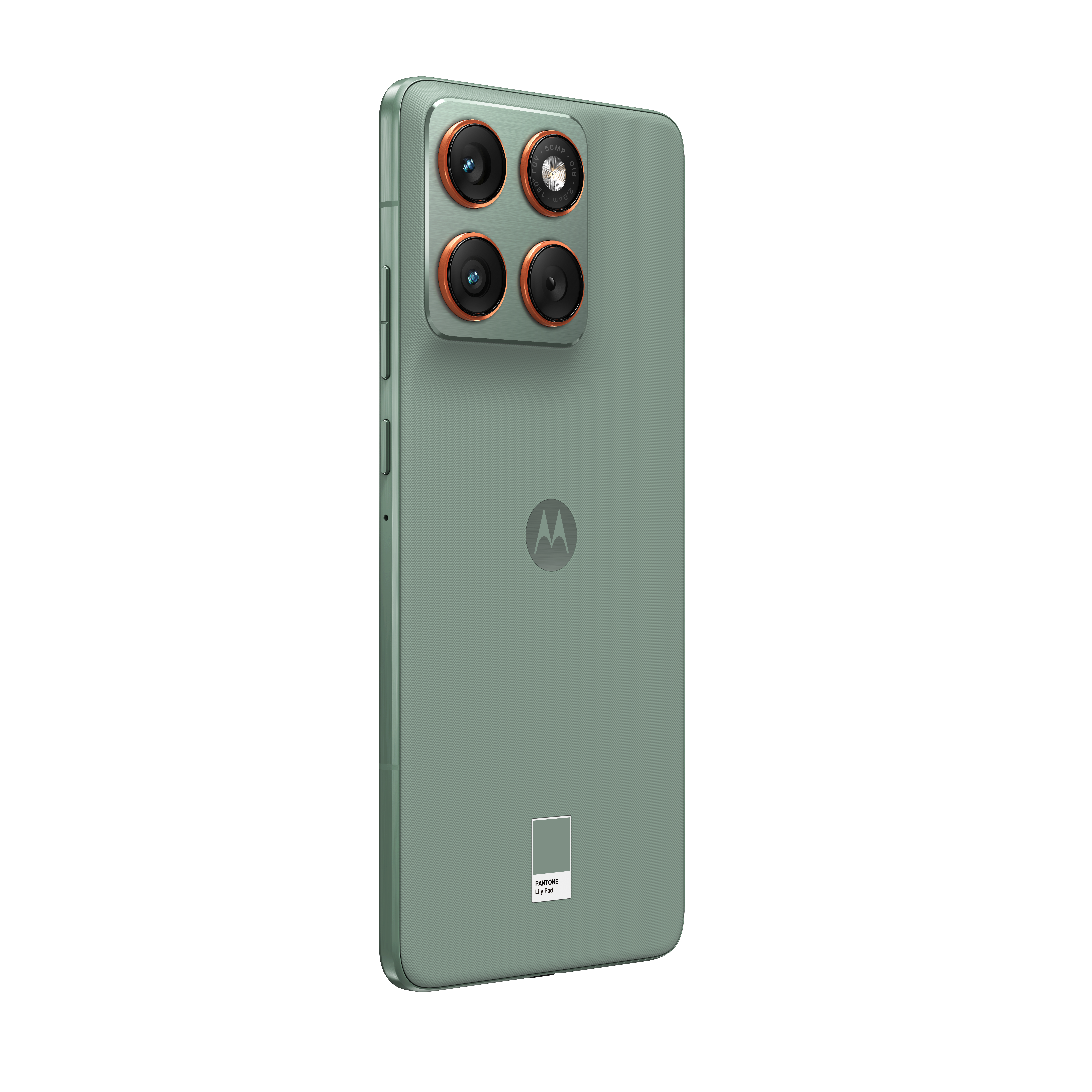 Tył zielonego smartfona z czterema aparatami i logo Motorola.