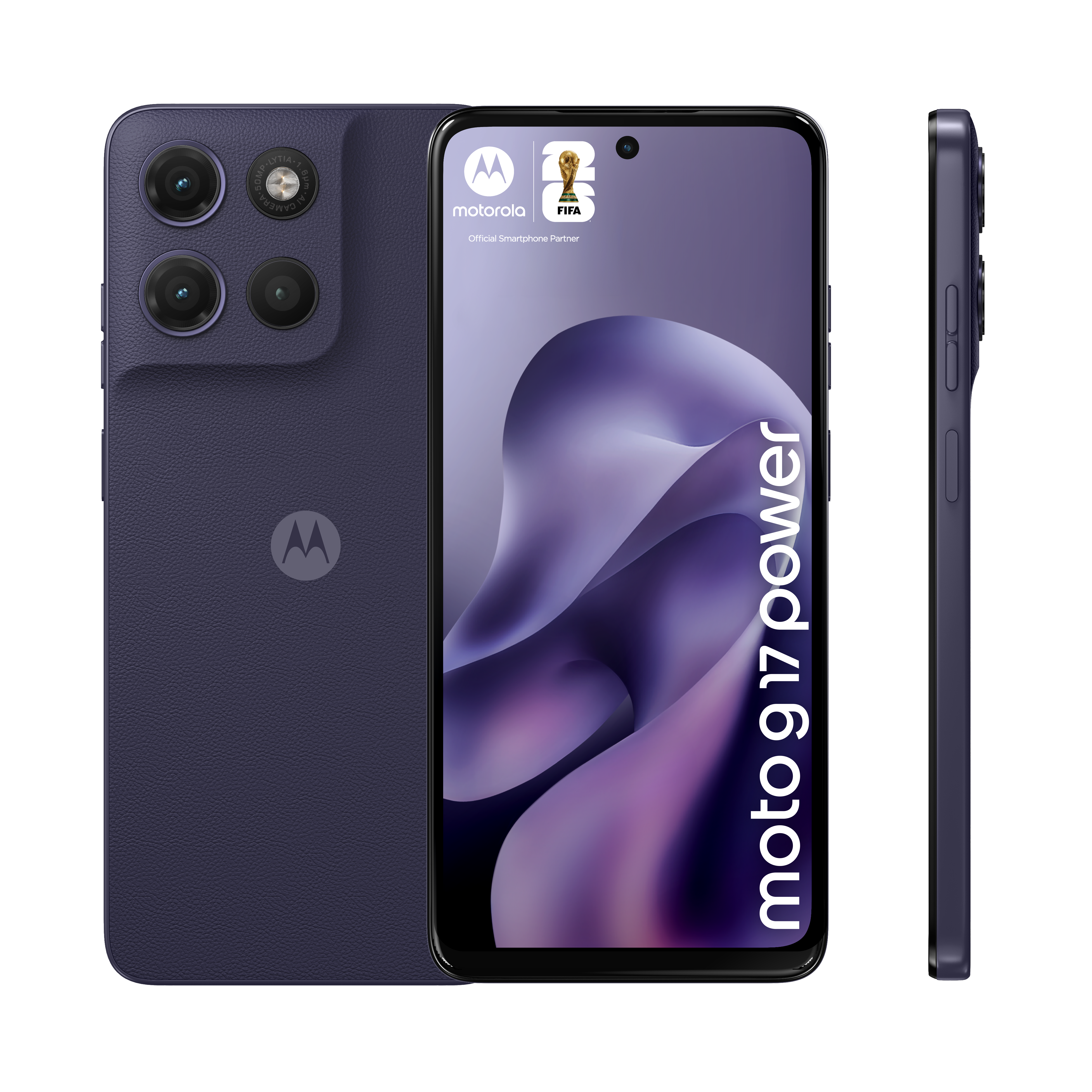 Trzy widoki ciemnofioletowego smartfona Motorola Moto G Power z teksturą skóry i logo FIFA.