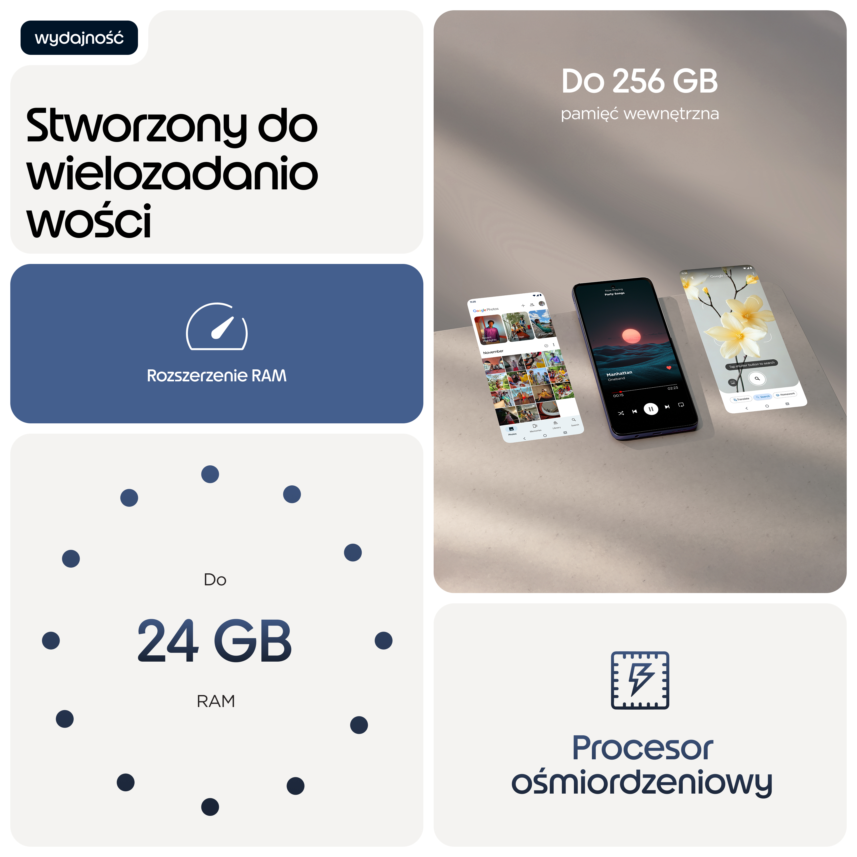 Dwa smartfony wyświetlają aplikacje: Zdjęcia Google i aplikację z kwiatami.