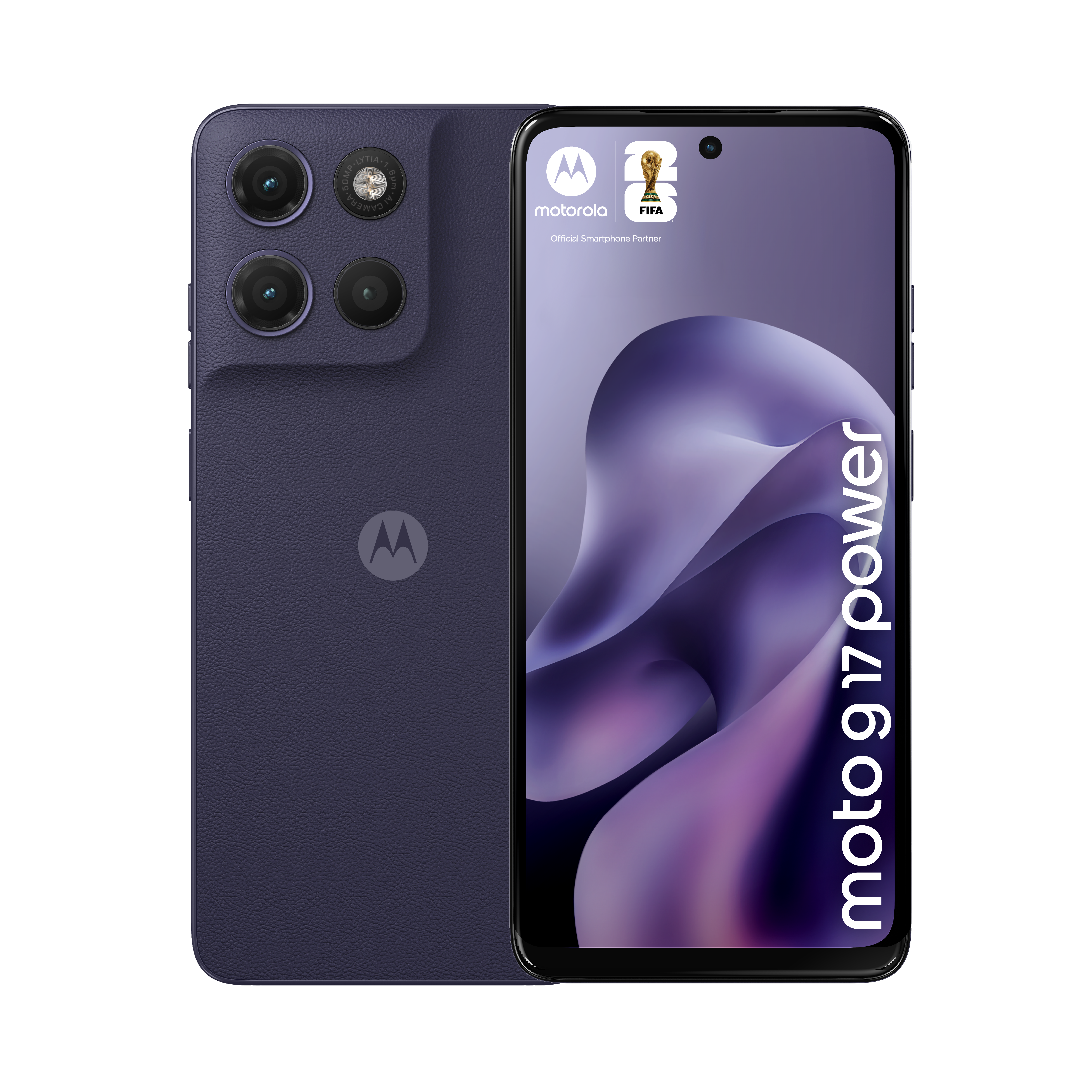 Fioletowy smartfon Motorola z 3 tylnymi aparatami i logo FIFA na ekranie.