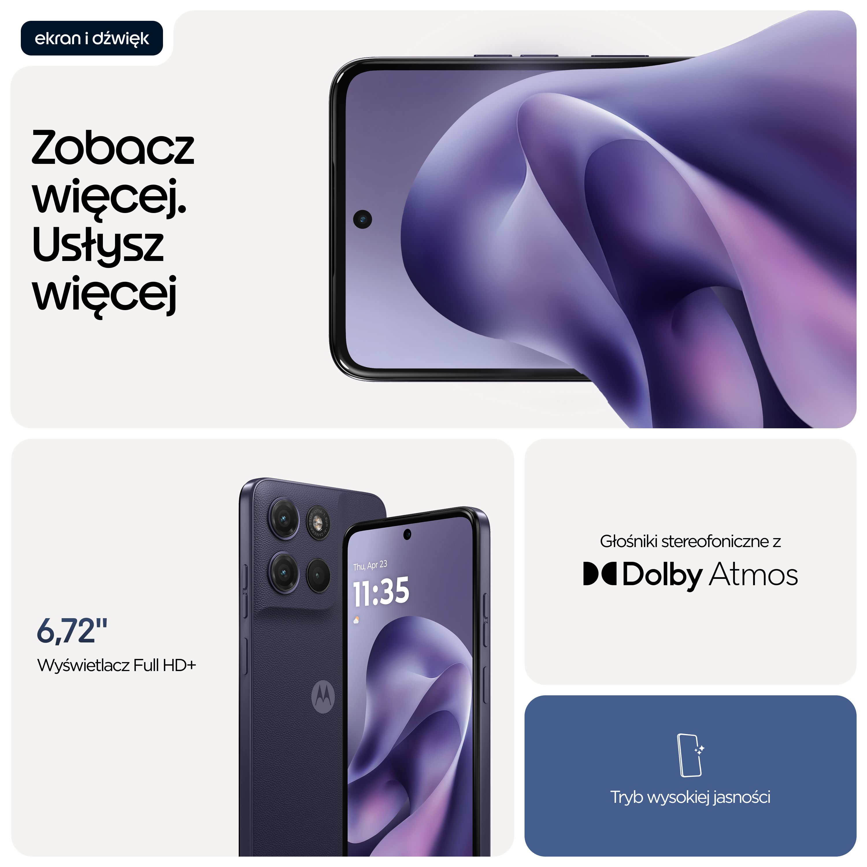 Ciemnoniebieski smartfon z trzema aparatami i Dolby Atmos. Wyświetlacz 6,72 cala.
