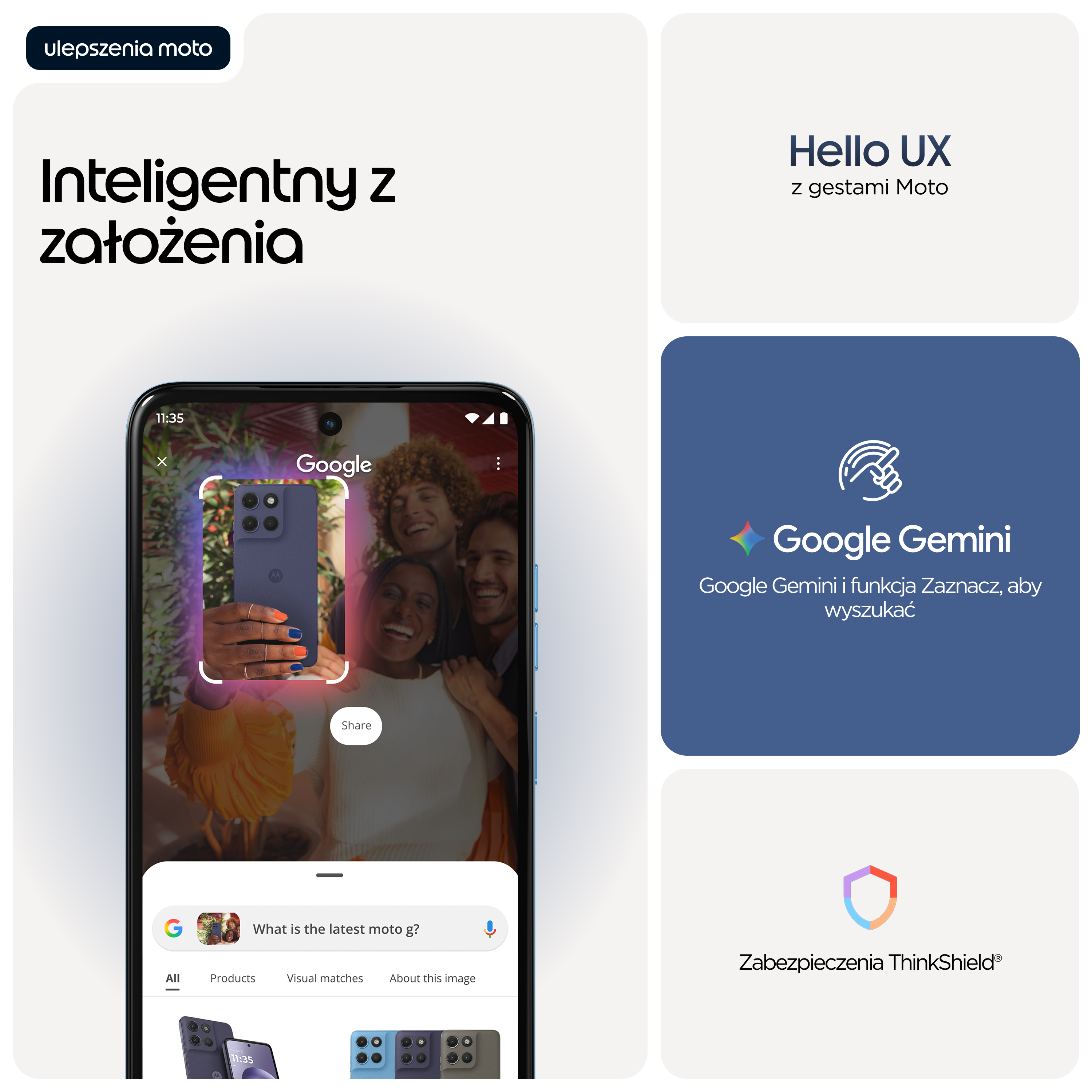 Smartfon wyświetla wyszukiwanie Google obok kart 'Hello UX' i 'Google Gemini'.