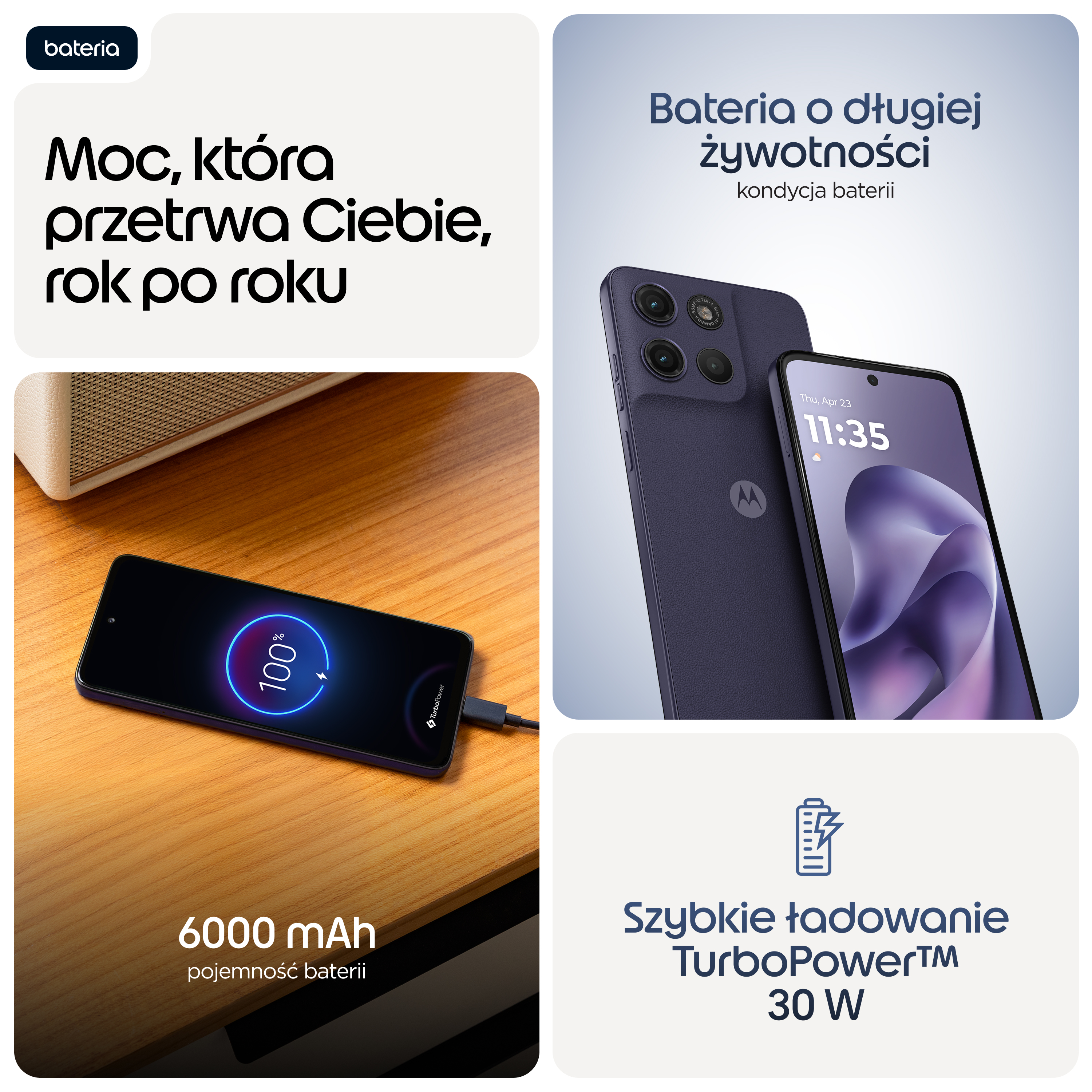 Smartfon z baterią 6000 mAh, naładowaną w 100% i TurboPower 30W.