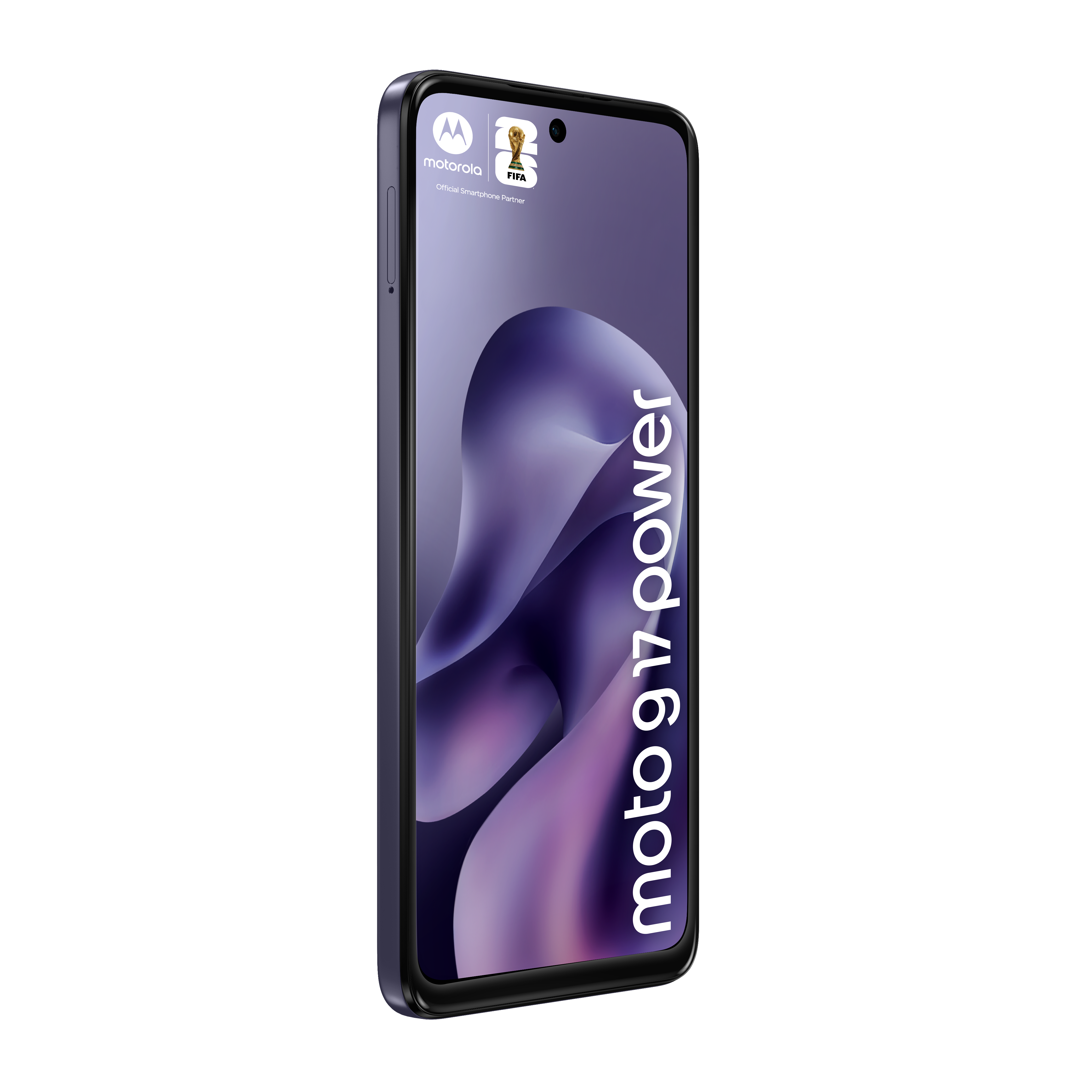 Ciemnoniebieski smartfon Motorola z fioletowym tłem i napisem 'moto g power'.