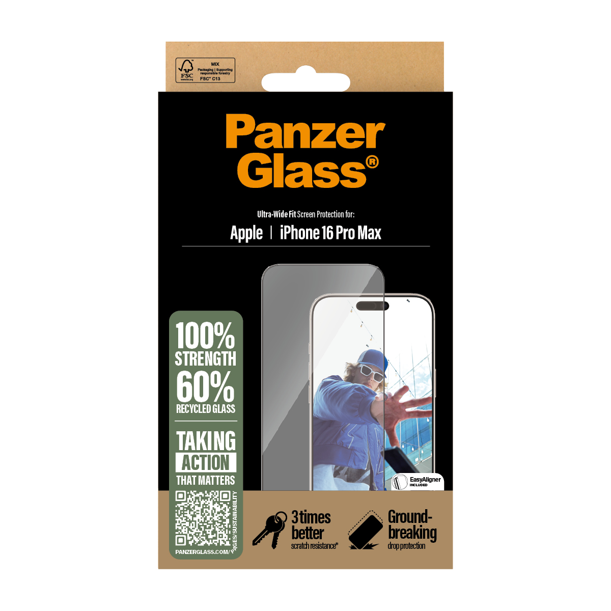 Verpackung für Panzer Glass Displayschutzfolie für iPhone 16 Pro Max.