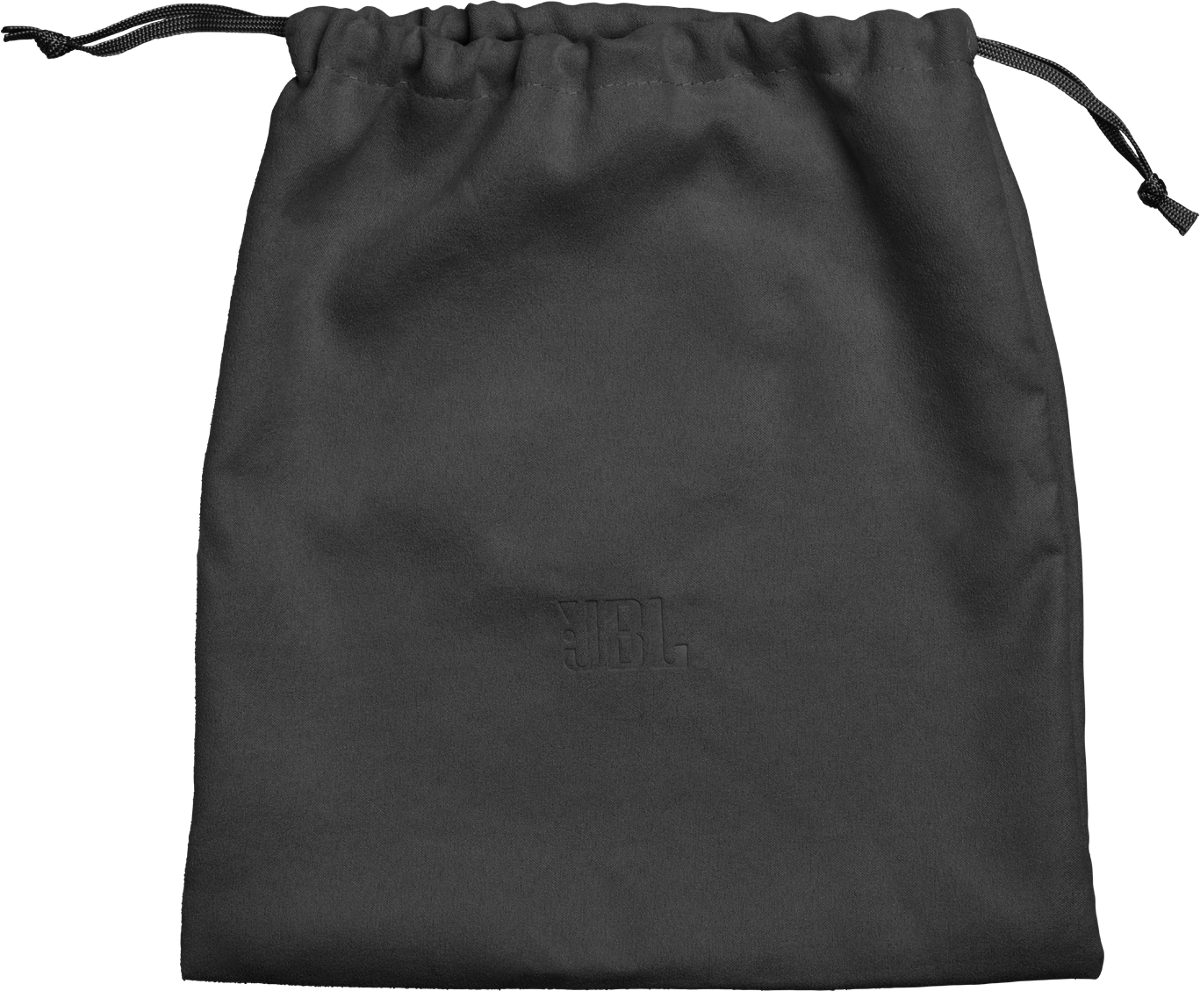 Ein schwarzer Stoffbeutel mit Kordelzug und eingeprägtem JBL-Logo.