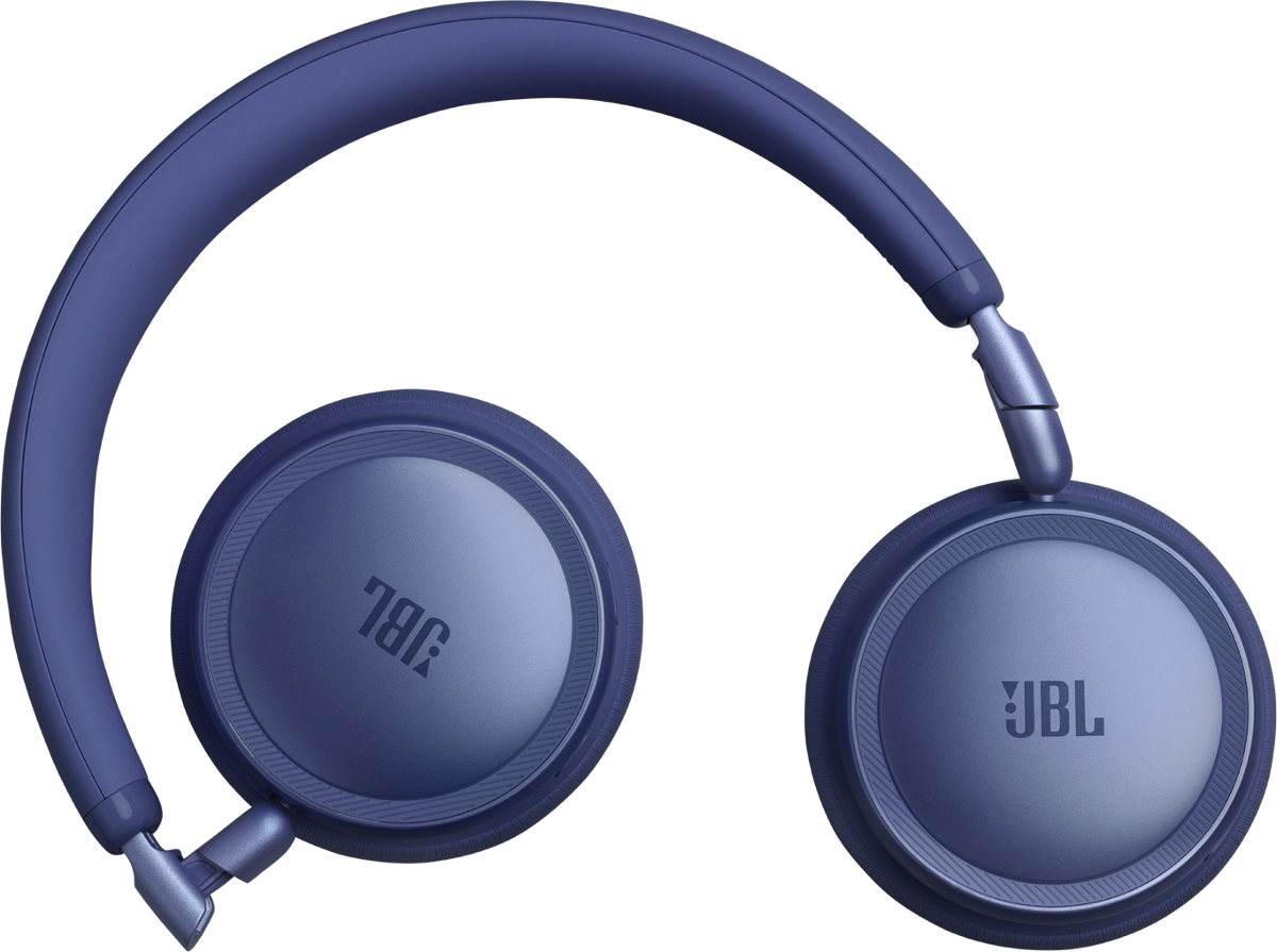 Blaue JBL-Kopfhörer mit übermäßigem Kopfbügel und Ohrpolstern.