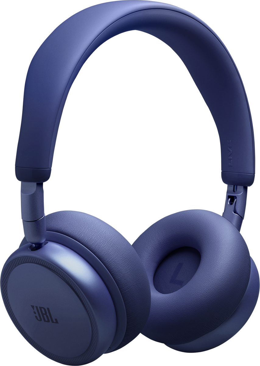 Ein Paar dunkelblaue JBL-Kopfhörer mit gepolsterten Ohrmuscheln.