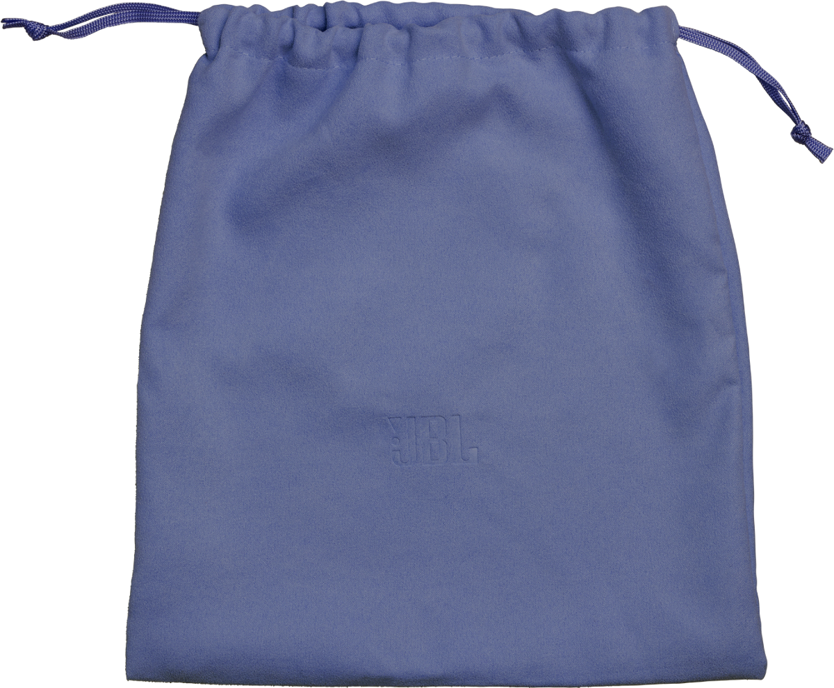 Eine blaue Stofftasche mit Kordelzug und eingeprägtem JBL-Logo auf schwarzem Hintergrund.