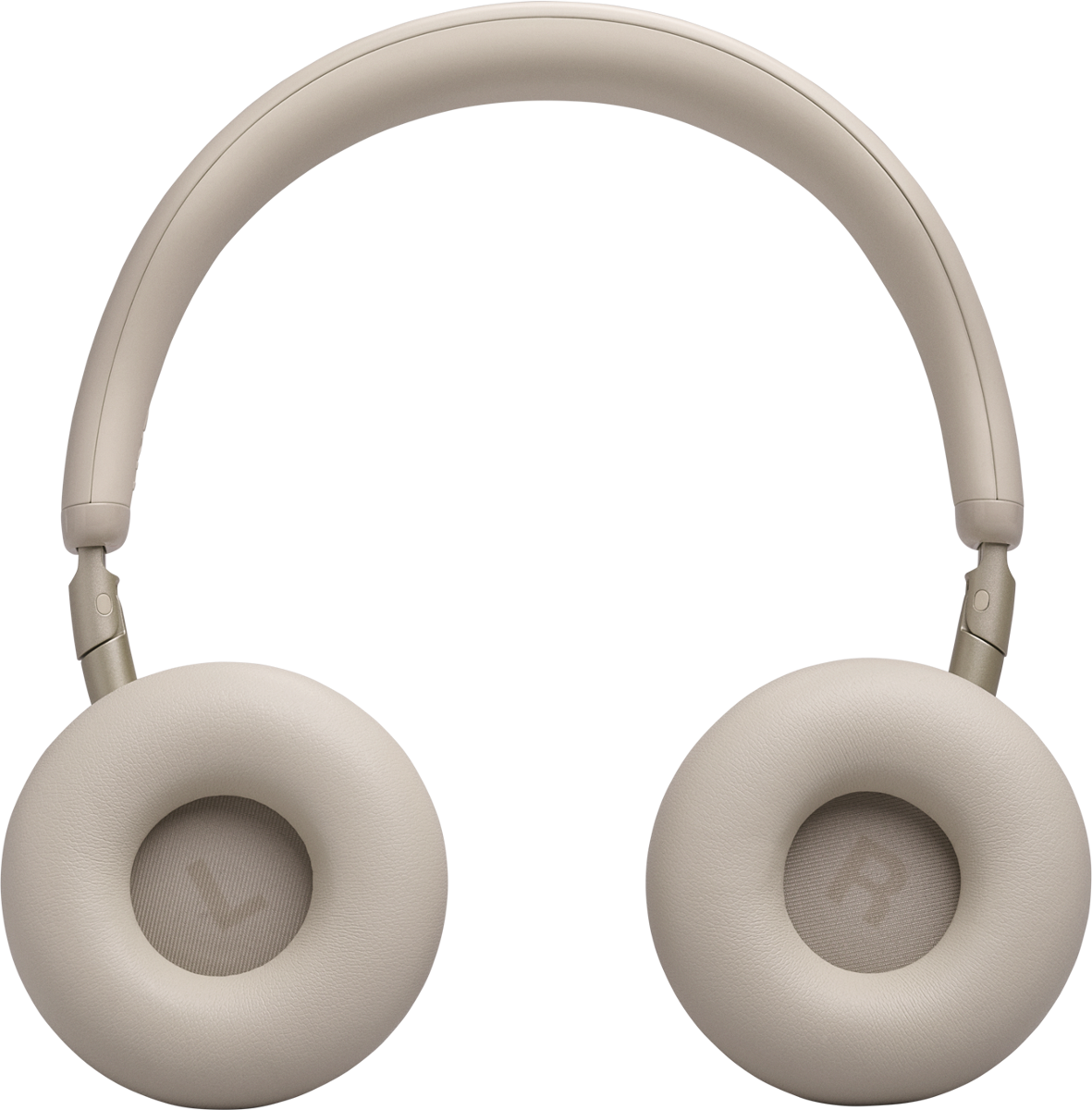 Hellbeige Over-Ear-Kopfhörer mit gepolstertem Kopfbügel und Ohrmuscheln vor schwarzem Hintergrund.