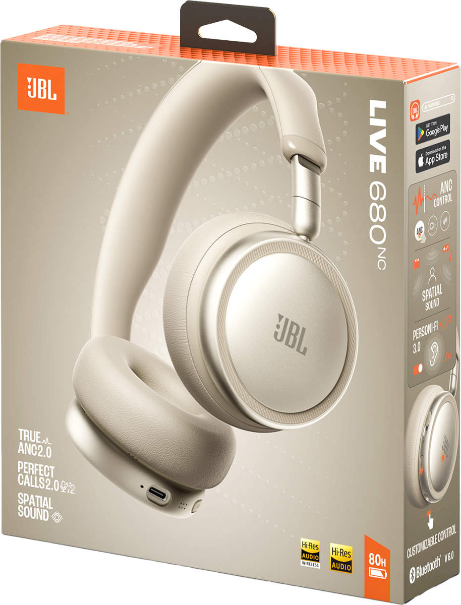 Beigefarbene JBL LIVE 680NC Kopfhörer in einer Box mit Produktmerkmalen.