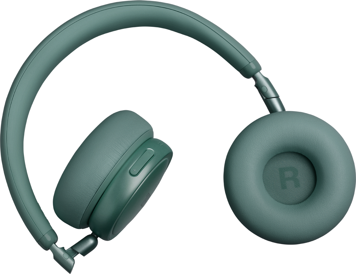 Ein tealfarbener Over-Ear-Kopfhörer mit gepolstertem Bügel und Ohrmuscheln. Ein Knopf ist an einer Ohrmuschel sichtbar.