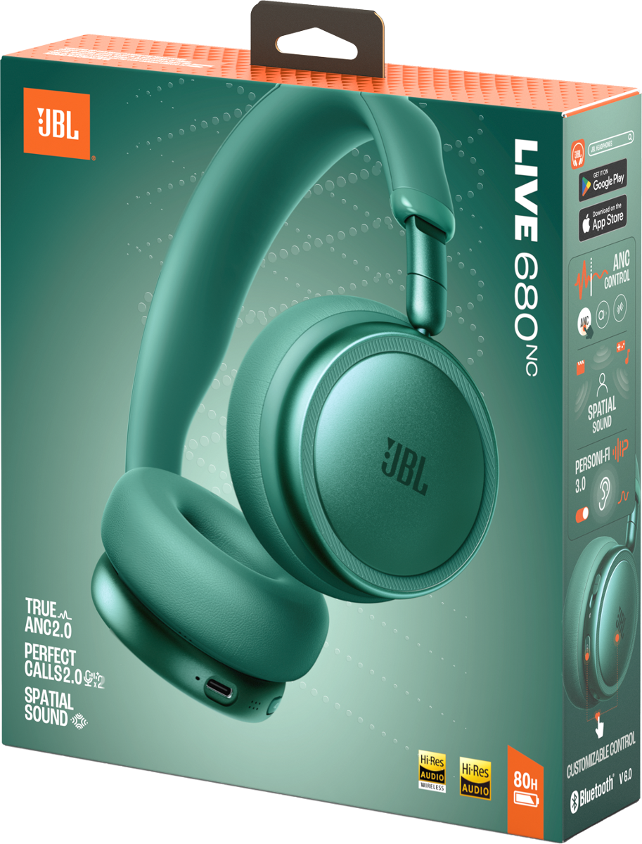 Grüne JBL LIVE 680NC Kopfhörer-Box mit Produktabbildung und Details.