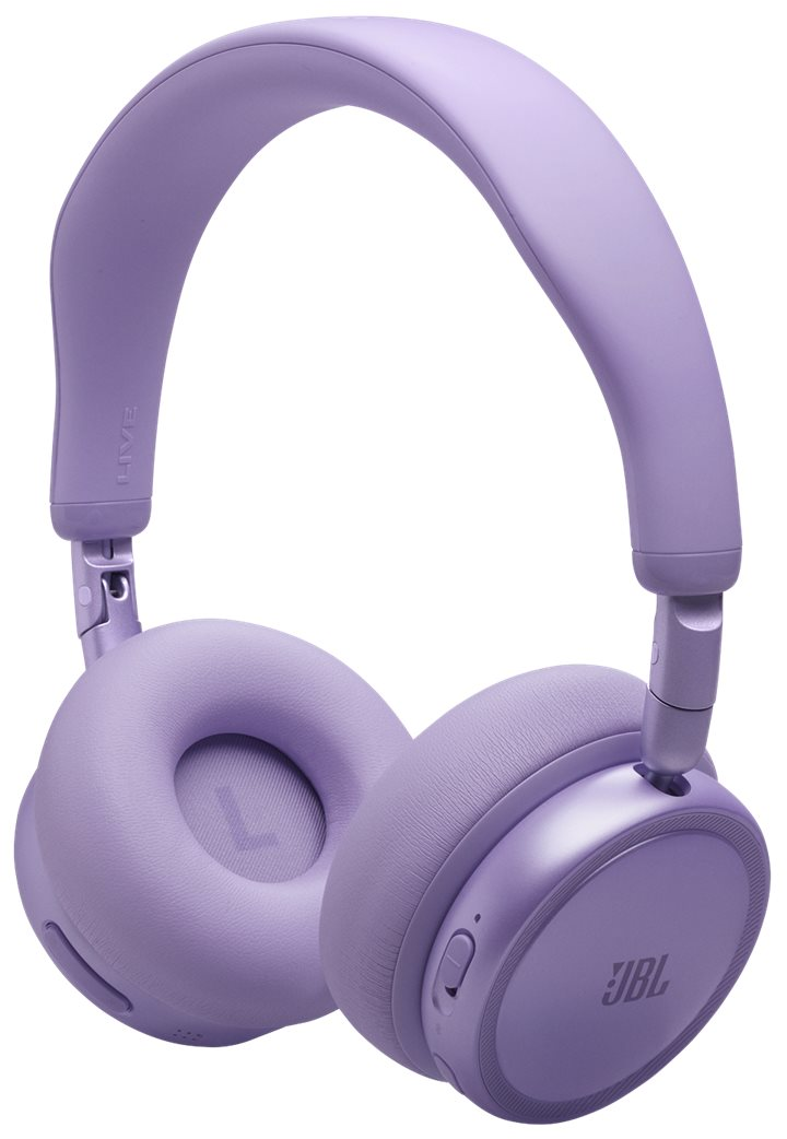 Ein Paar hellviolette JBL-Kopfhörer vor weißem Hintergrund.