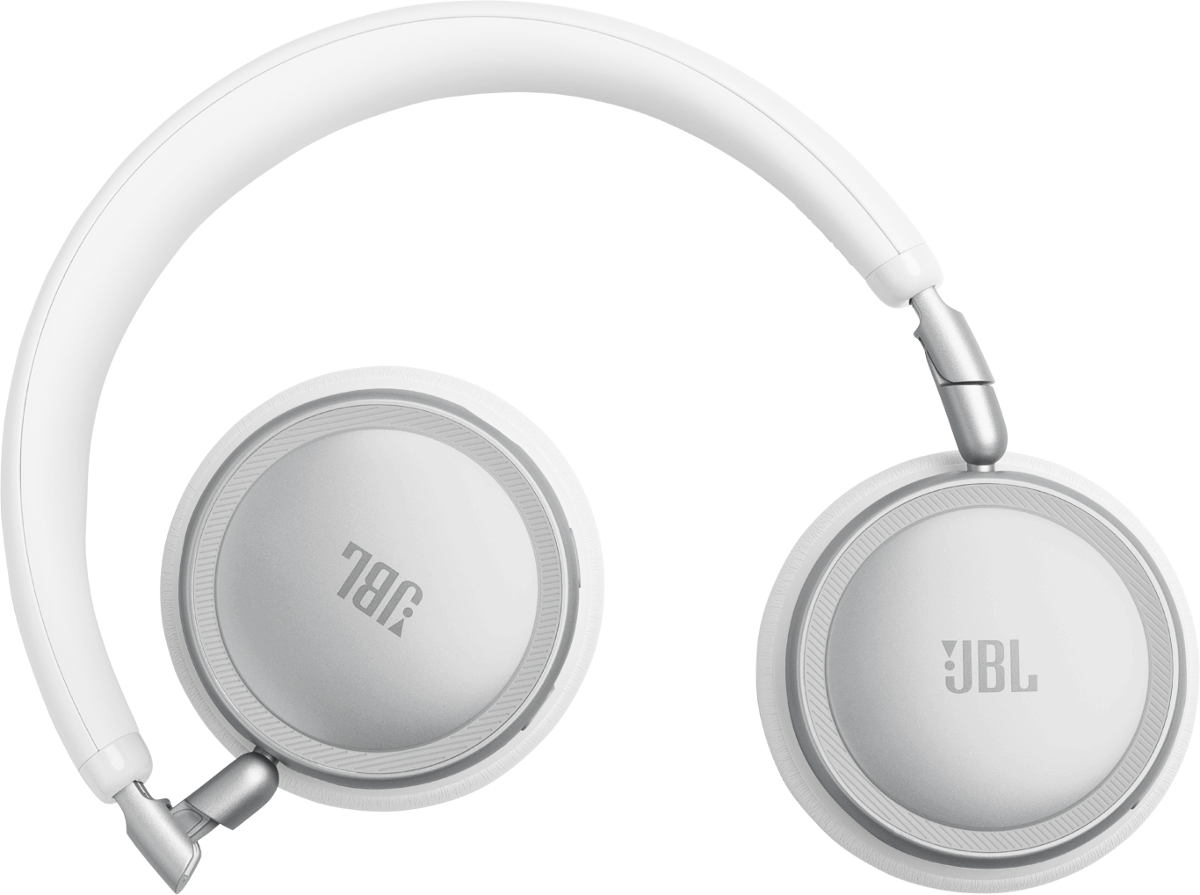 Weiße JBL-Kopfhörer mit silbernen Details auf schwarzem Hintergrund.