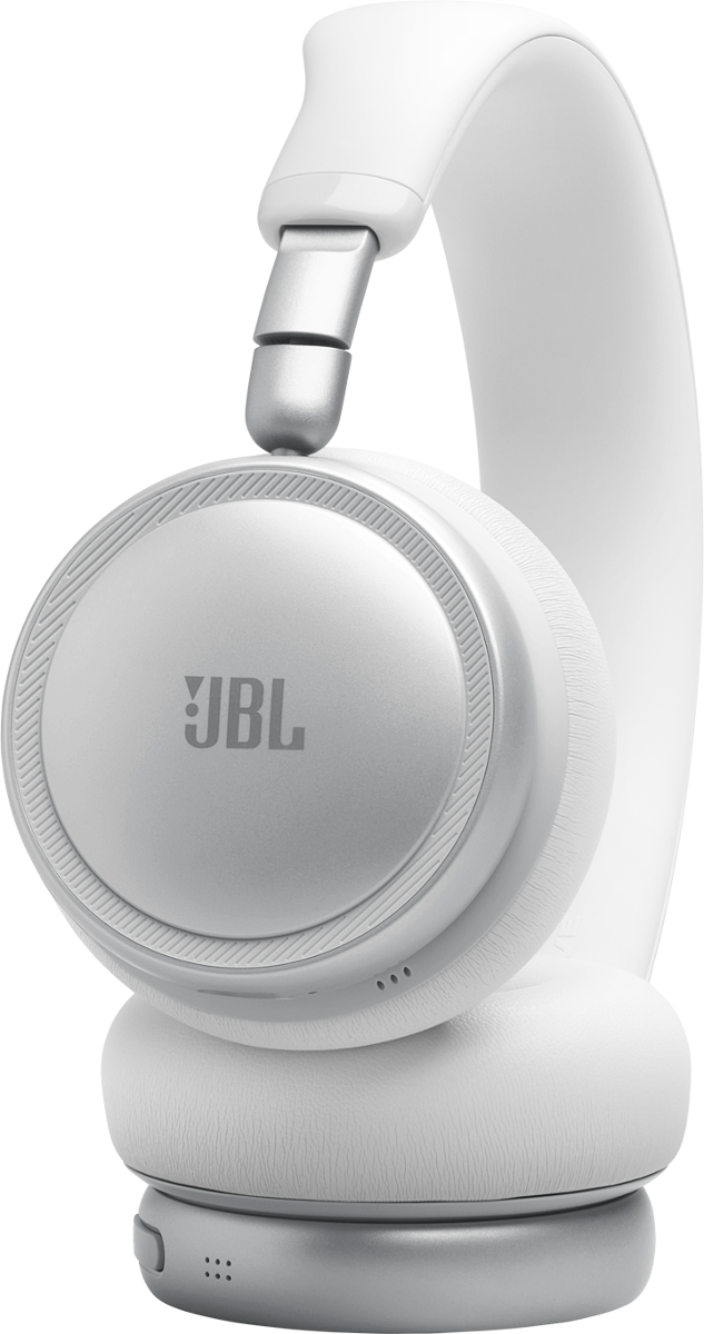 Weiße JBL Kopfhörer mit silbernen Akzenten, detaillierte Textur auf Ohrmuscheln.