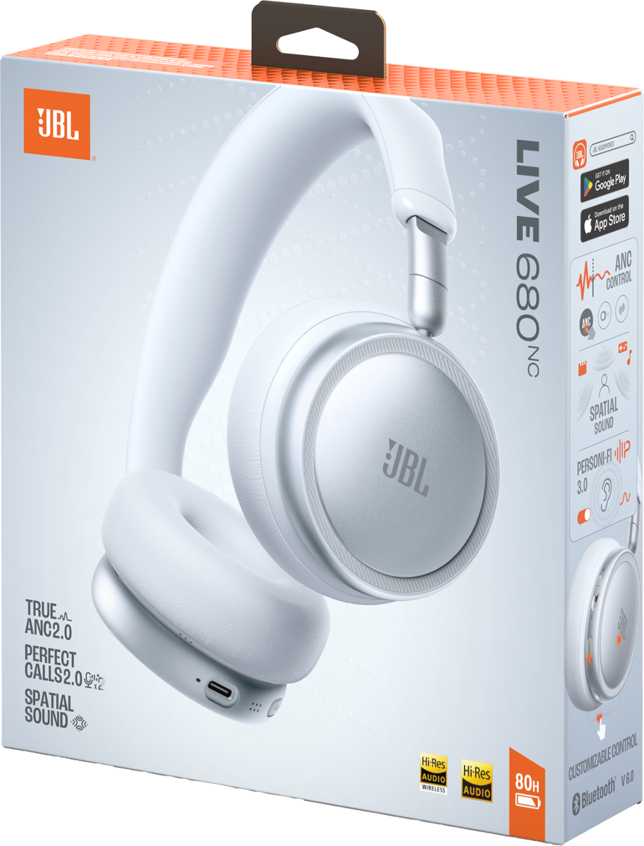 Weiße JBL Live 680NC Kopfhörer in ihrer Verpackung, mit ANC und Spatial Sound.