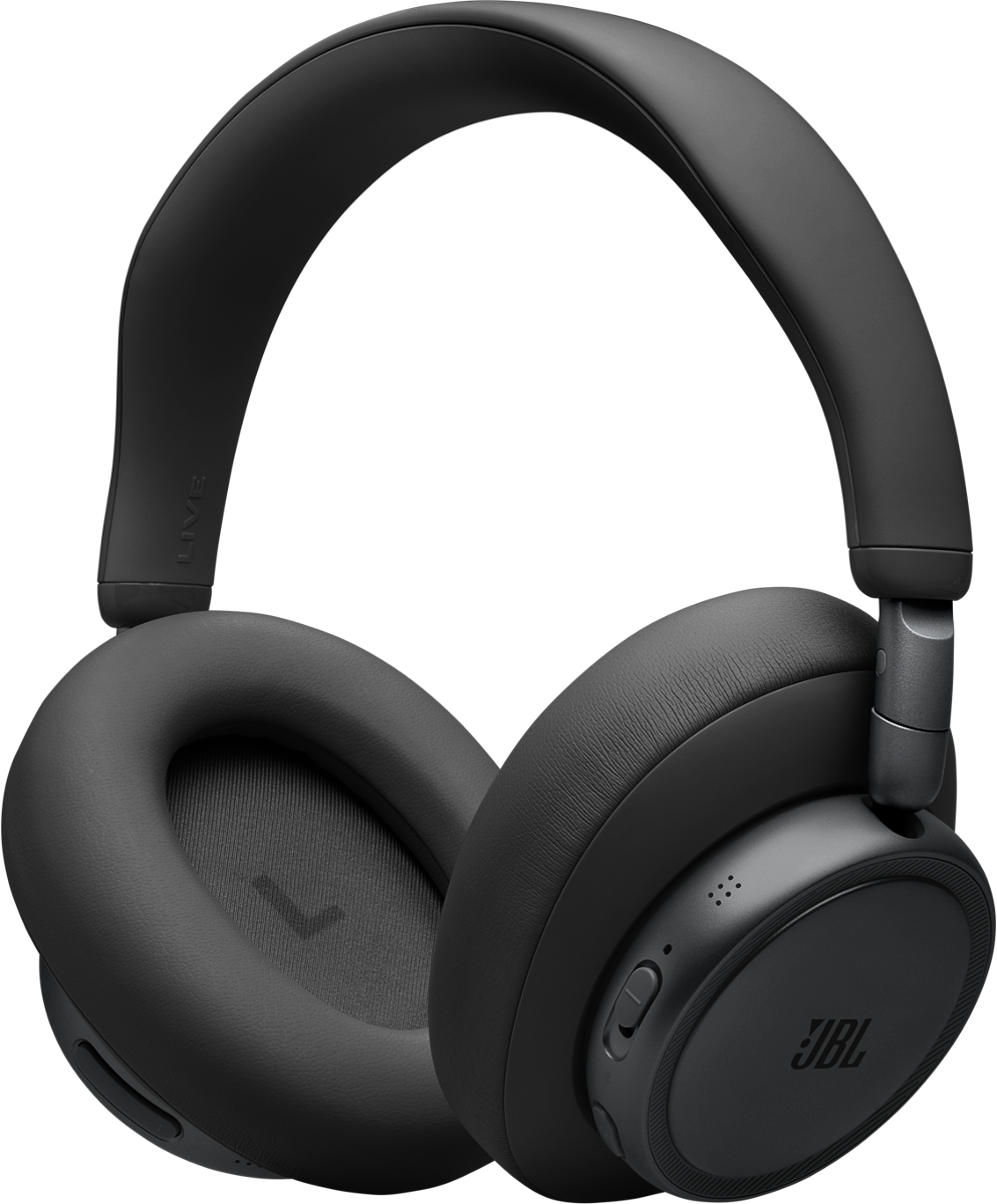 Schwarze Over-Ear-Kopfhörer mit JBL-Logo und Stoff-Ohrpolstern auf schwarzem Hintergrund.