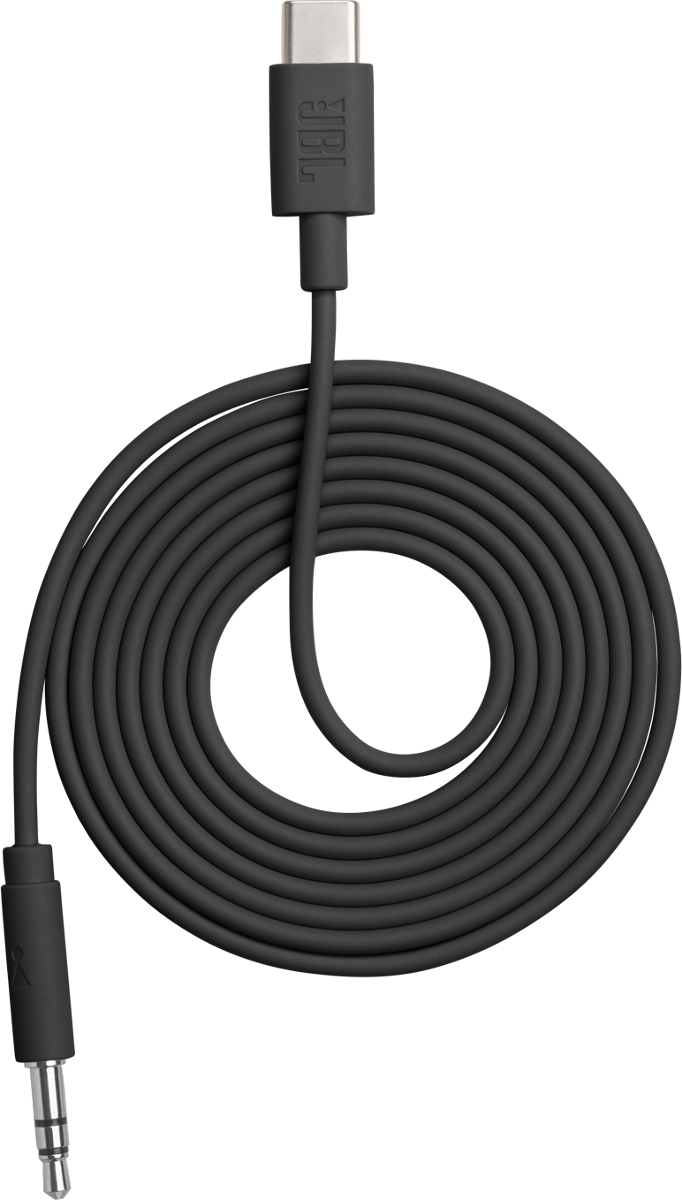 Graues Kabel mit USB-C- und 3,5-mm-Anschluss, aufgerollt.