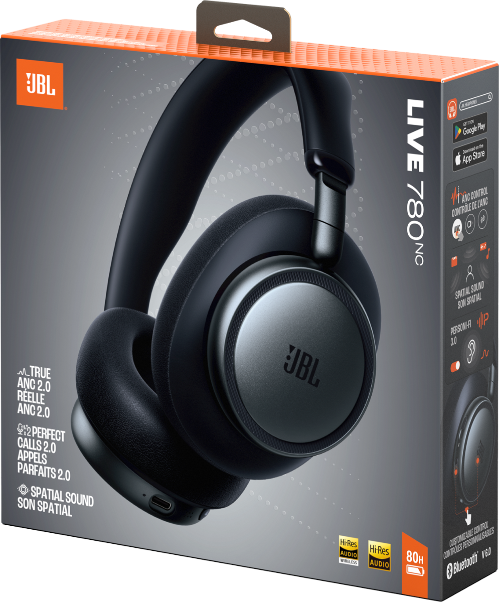 JBL Live 780NC Kopfhörer-Verpackung mit Kopfhörern, mit ANC und Raumklang.