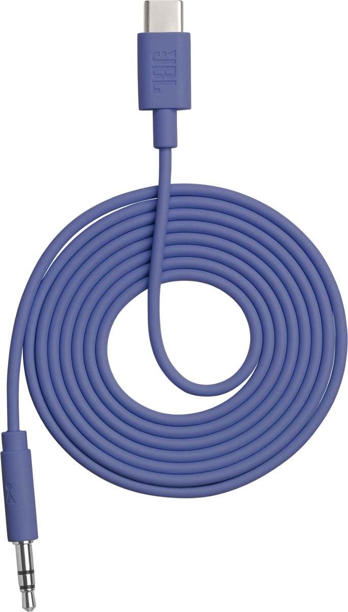 Ein blaues Kabel mit USB-C und 3,5-mm-Stecker, aufgerollt.