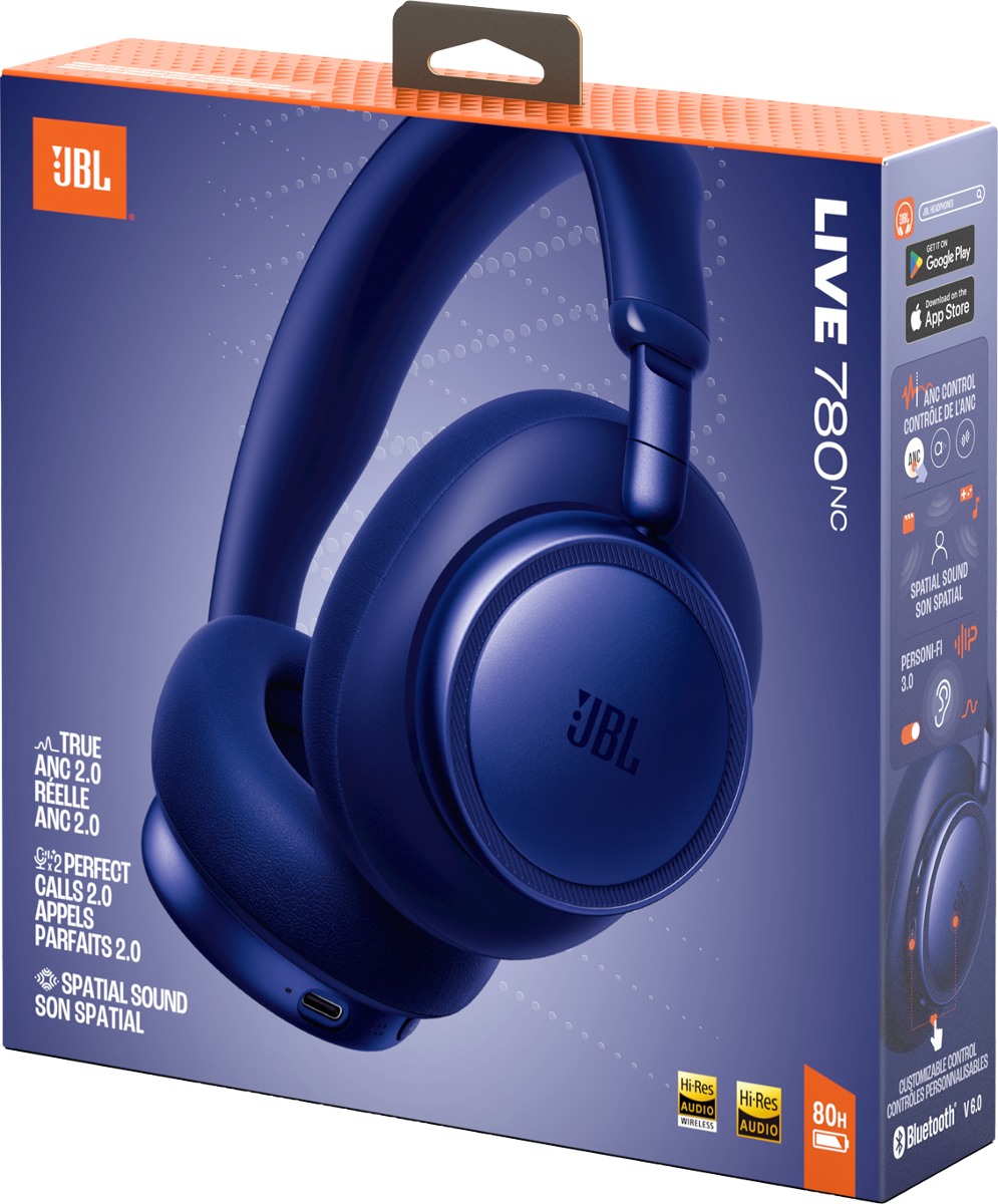 Blauer JBL Kopfhörer im Karton mit Logos und Produktmerkmalen.