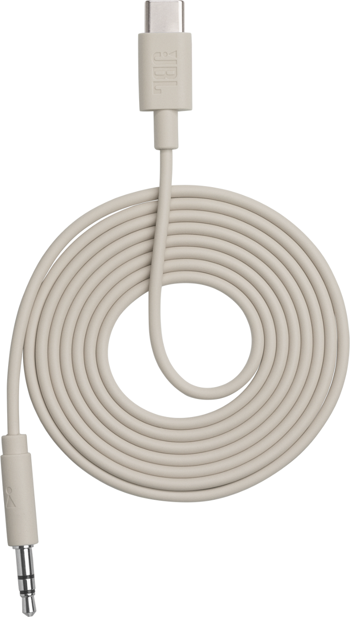 Ein hellgraues Kabel mit USB-C und 3,5-mm-Anschluss, aufgerollt.