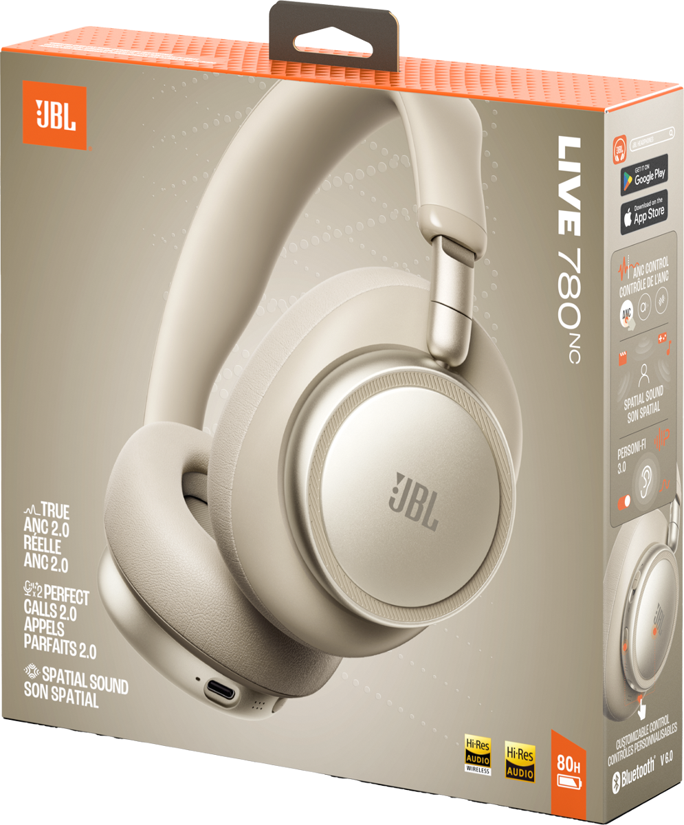 JBL Live 780NC Kopfhörer in beige auf Kartonverpackung mit Produktmerkmalen.