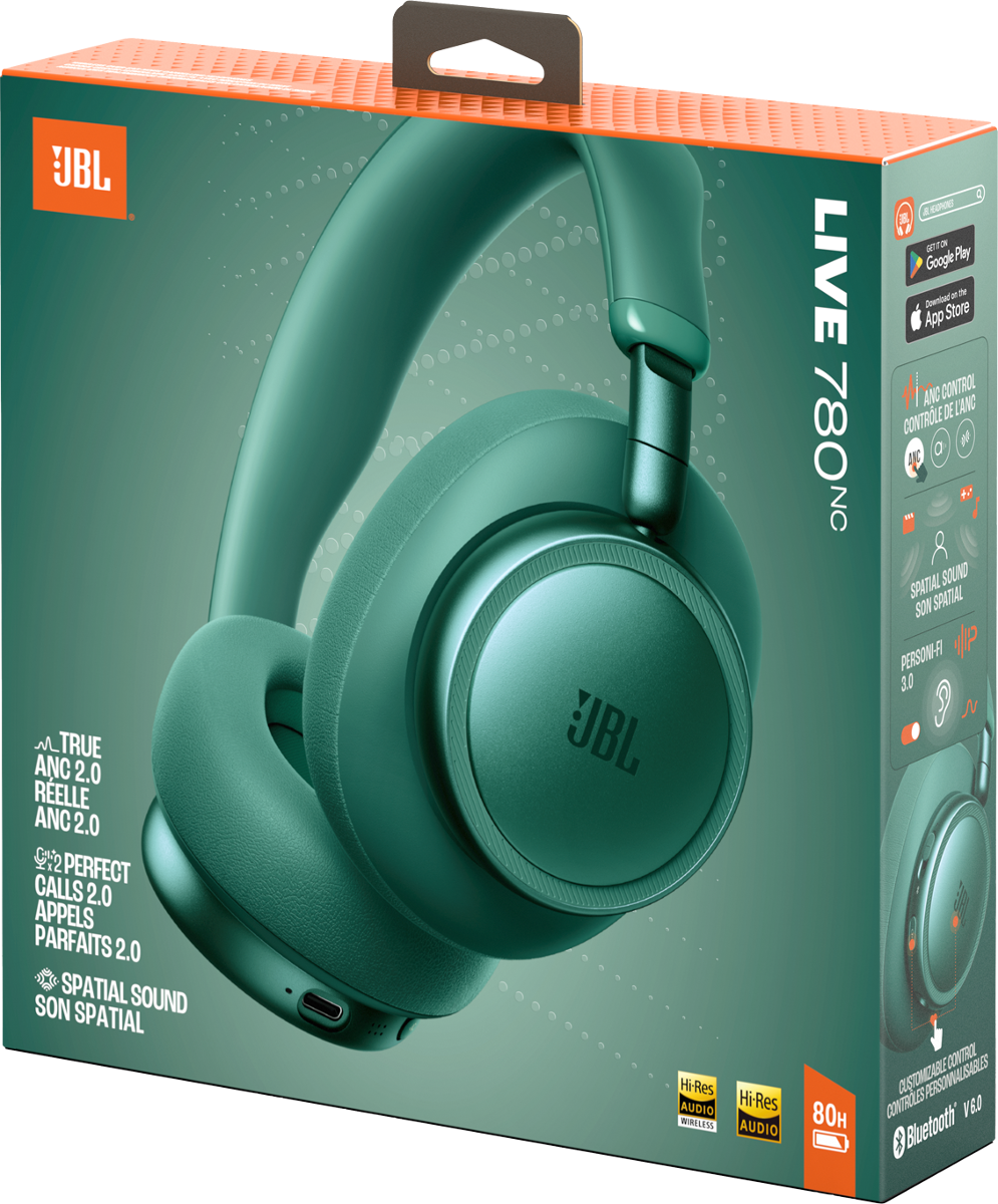 Verpackung von JBL Live 780NC Kopfhörern in Petrol. Mit Hi-Res Audio und 80h Akkulaufzeit.