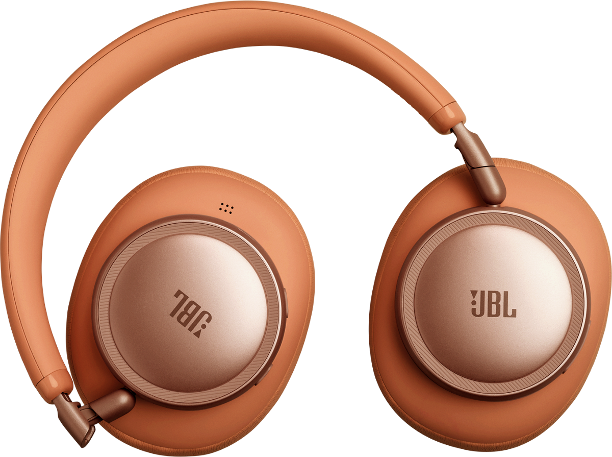 Orange Kopfhörer mit JBL-Logo auf schwarzem Hintergrund.