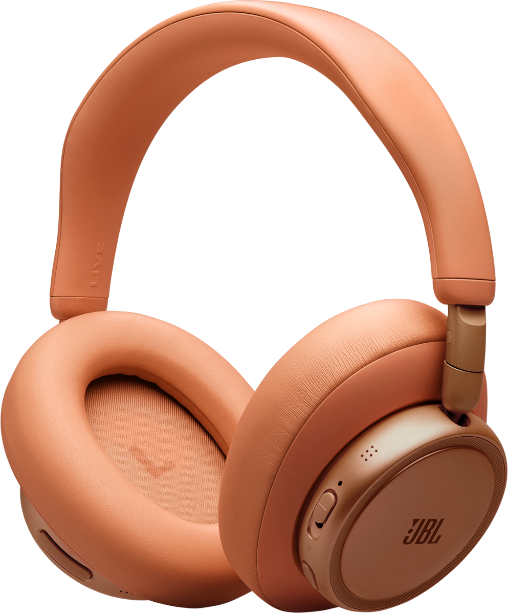 Orange Kopfhörer mit schwarzem Hintergrund. JBL-Logo auf der rechten Ohrmuschel.
