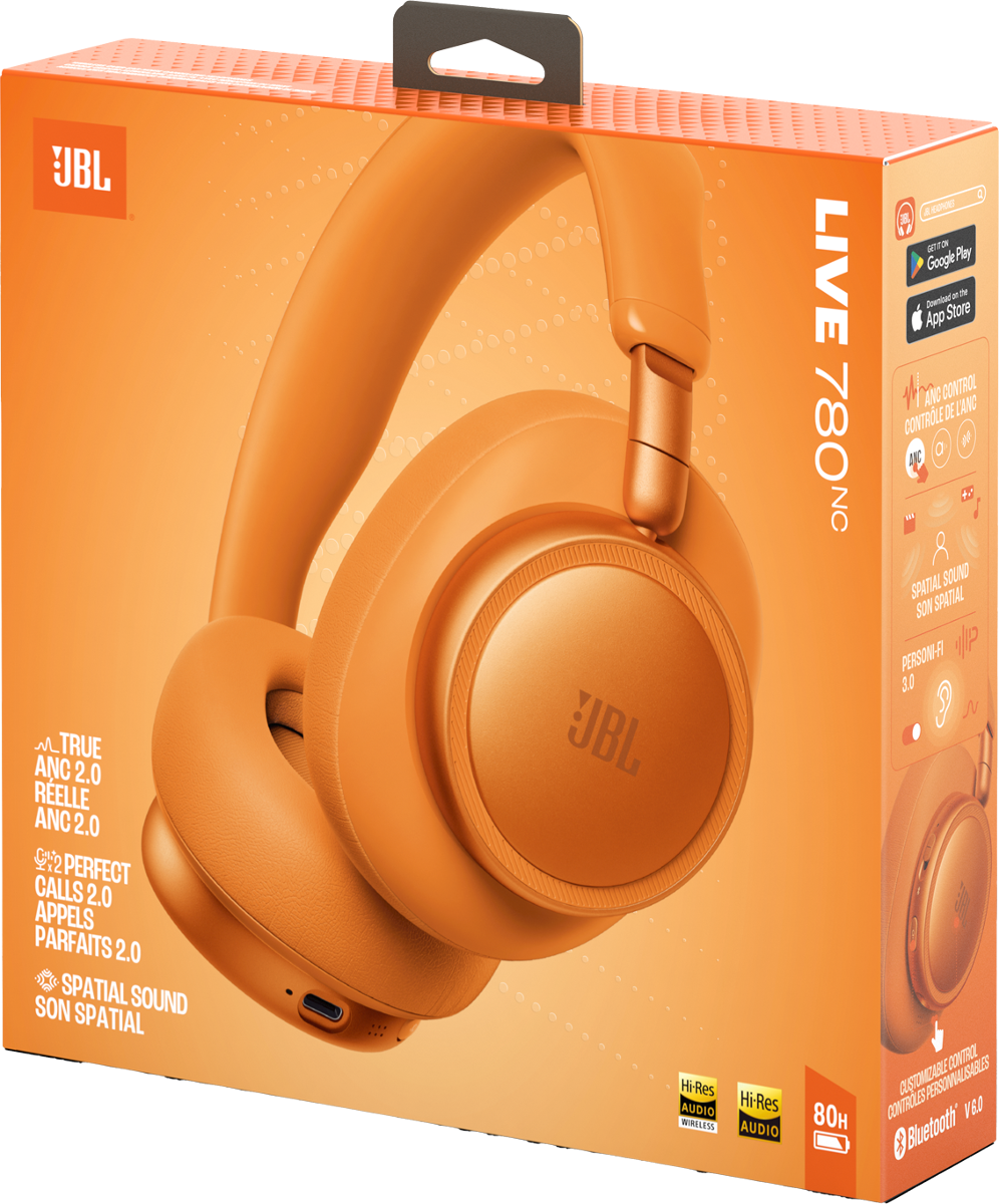 Orange JBL Live 780NC Kopfhörer auf ihrer Verpackung mit Logos und Features.