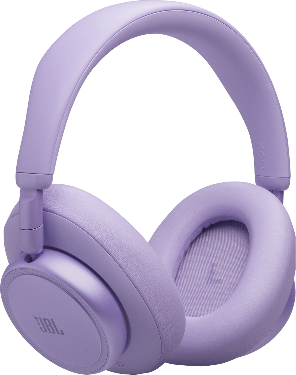 Lila Kopfhörer mit schwarzem Hintergrund und JBL-Logo.