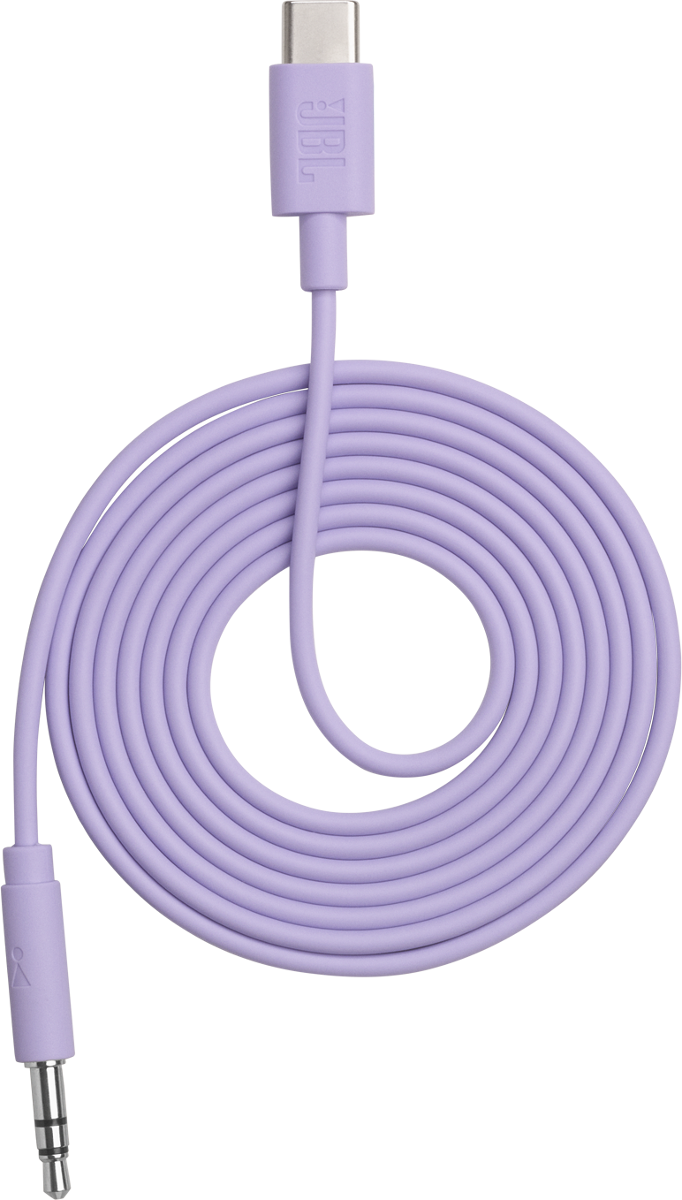 Ein lila JBL-Kabel mit USB-C- und 3,5-mm-Anschlüssen, aufgerollt.