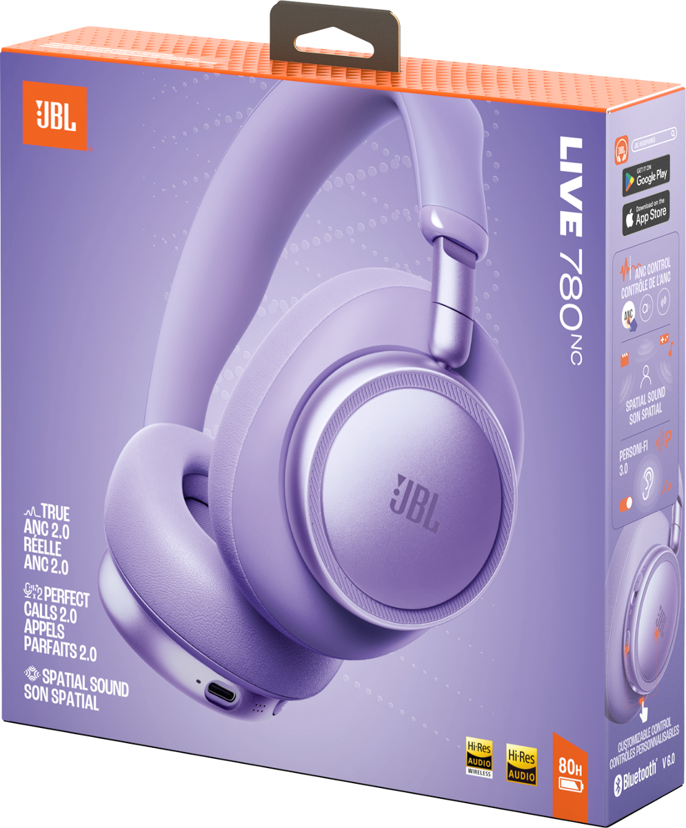 Lila JBL Live 780NC Kopfhörer auf einer Box mit Produktdetails und Logos.
