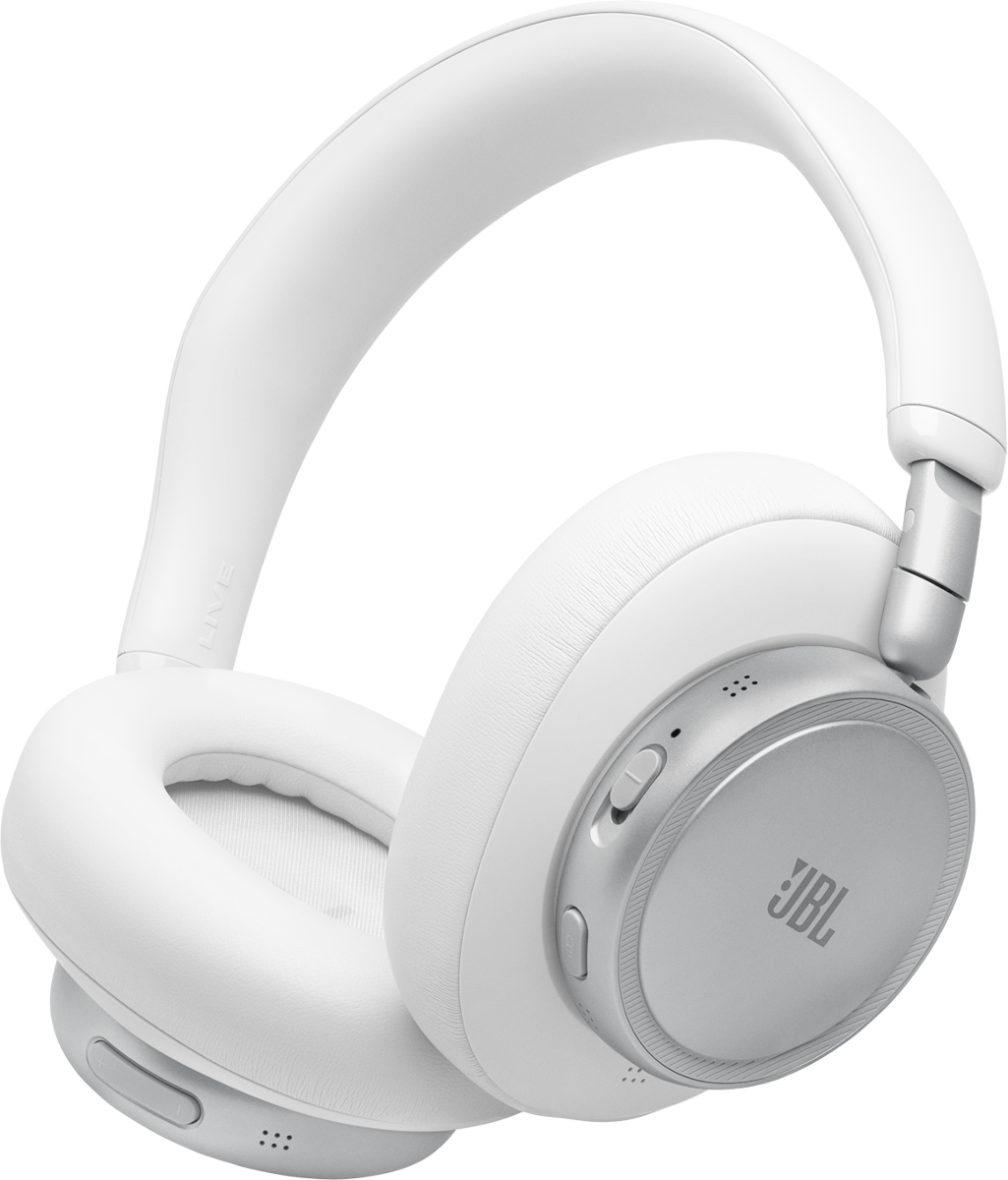 Weiße Over-Ear-Kopfhörer mit silbernen Akzenten und JBL-Logo.