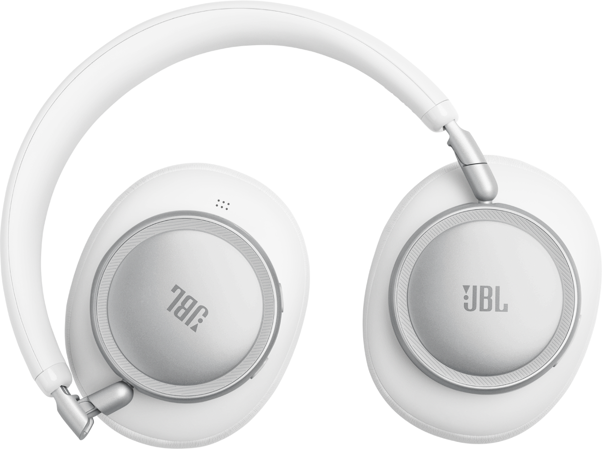 Weiße Kopfhörer mit silbernen Akzenten und JBL-Logo auf schwarzem Hintergrund.