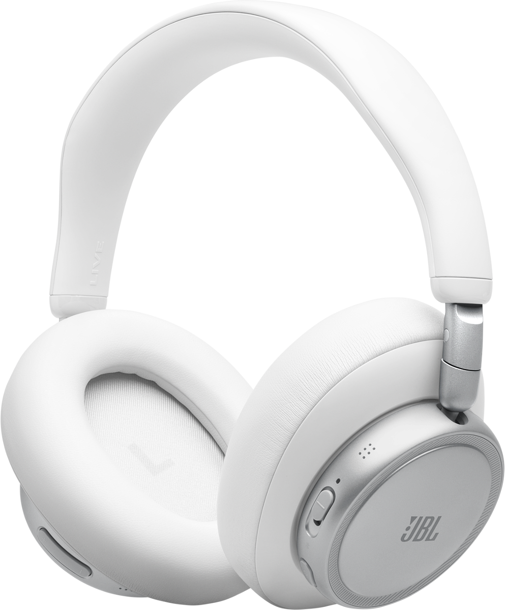 Weiße Over-Ear-Kopfhörer mit silbernen Akzenten und JBL-Logo.
