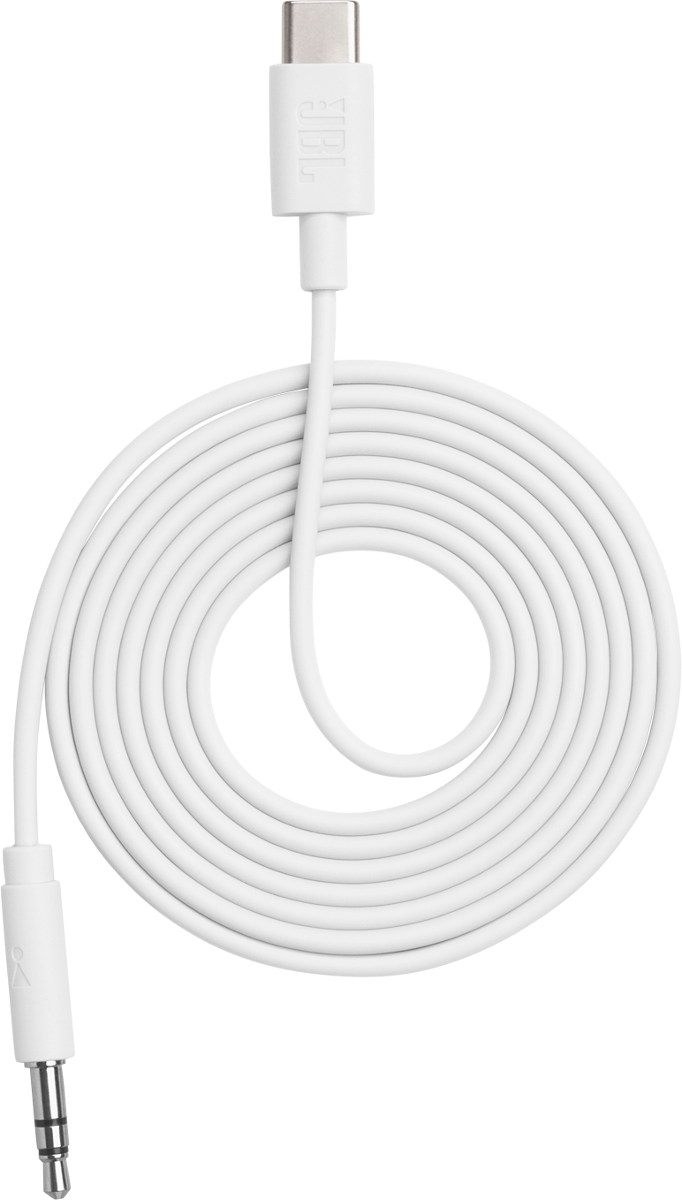 Weißes JBL-Kabel mit USB-C und 3,5-mm-Stecker, aufgerollt.
