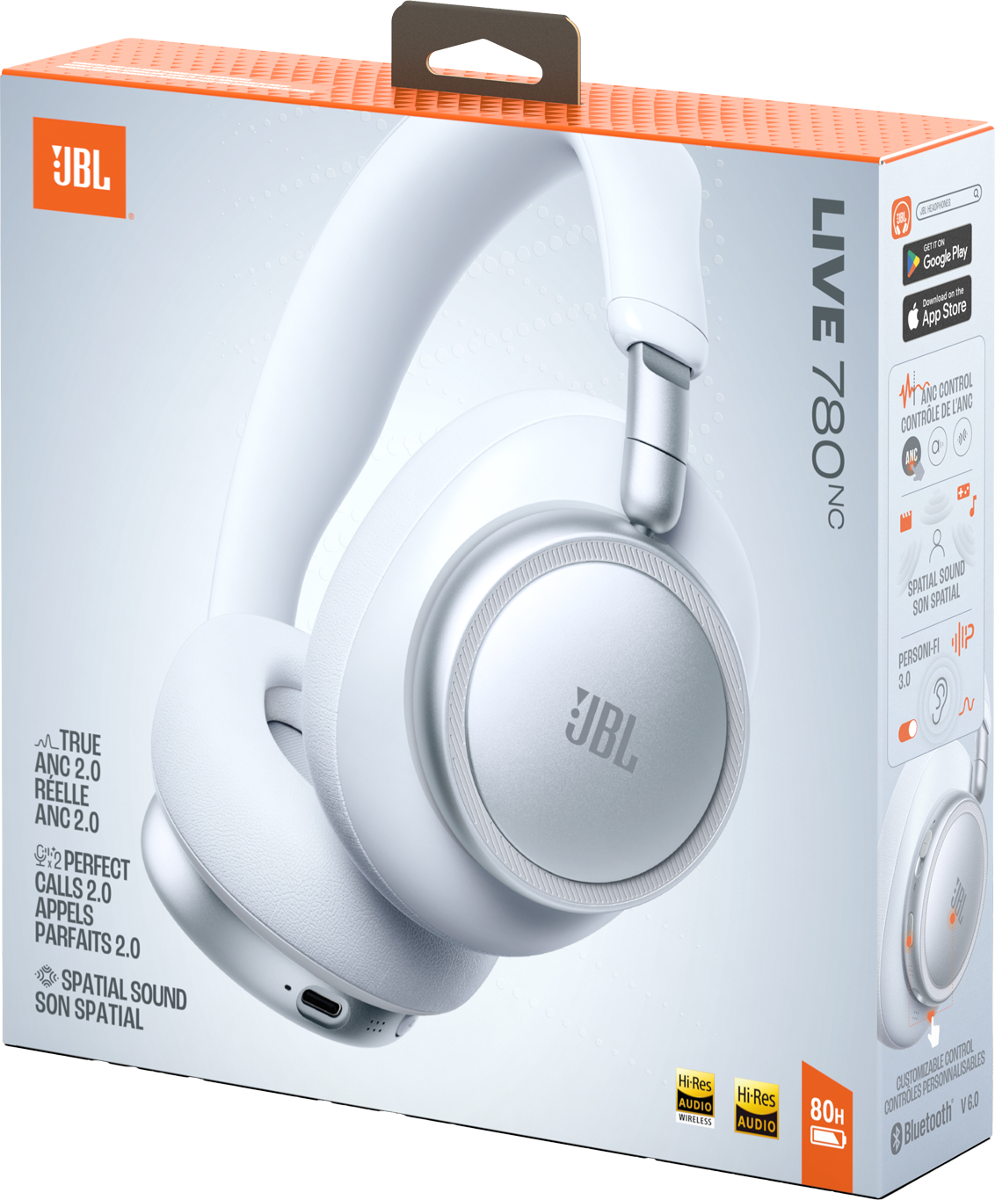 Verpackung mit weißen JBL Live 780NC Kopfhörern, ANC und 80h Akkulaufzeit.
