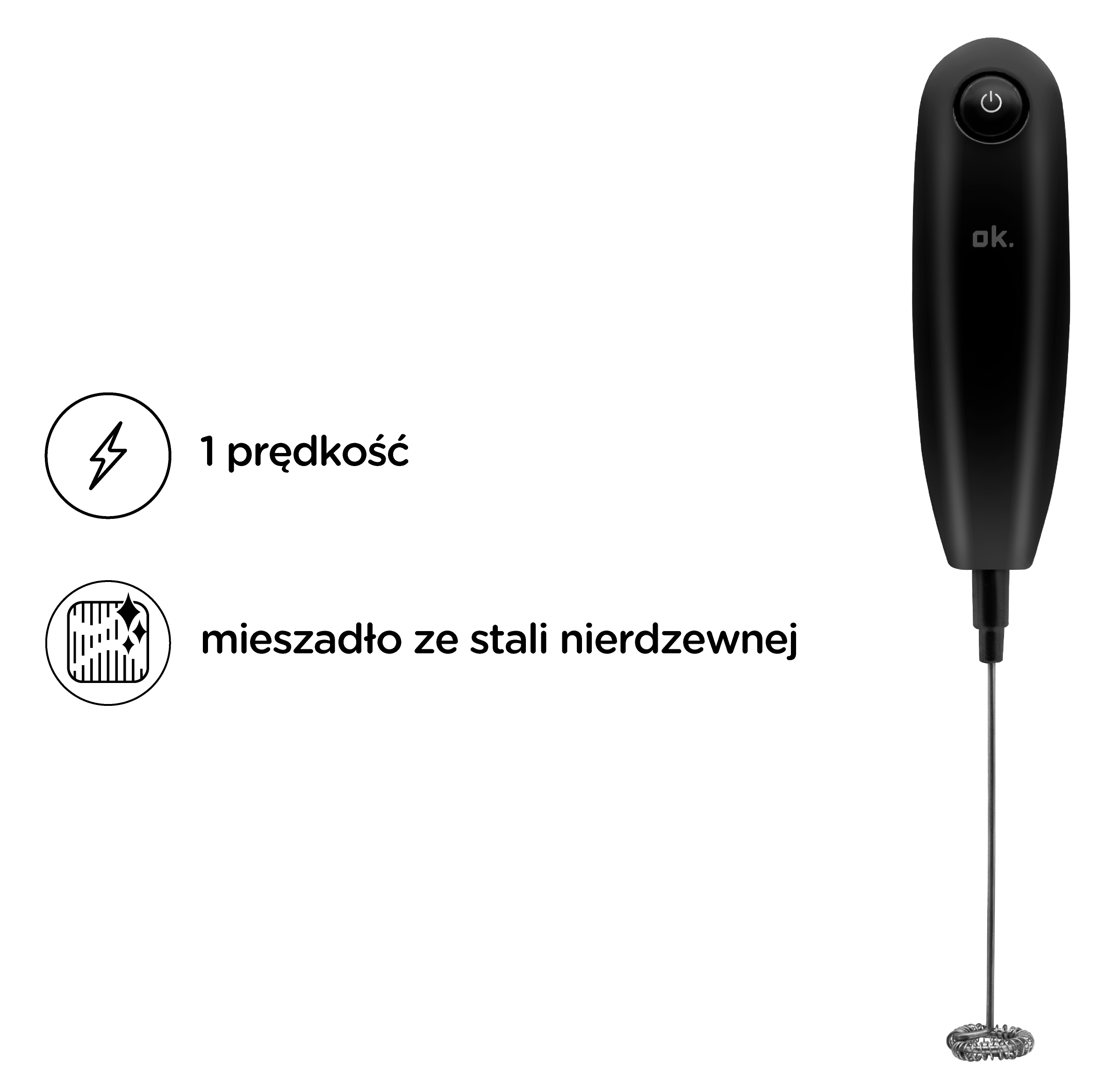 Czarny spieniacz do mleka z 1 prędkością i trzepaczką ze stali.