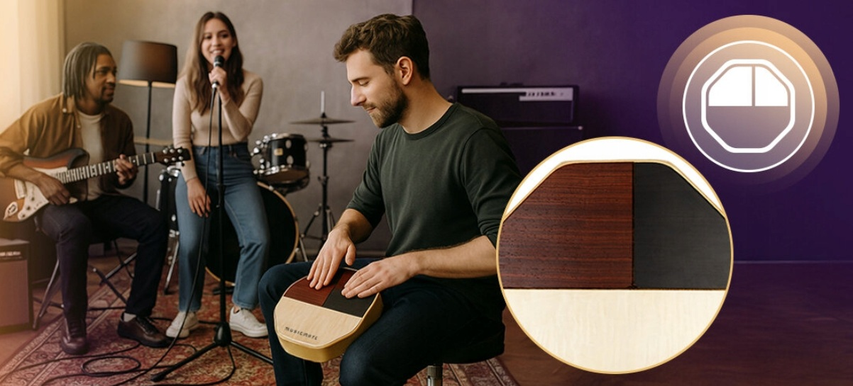Muzycy grają na instrumentach w studio. Mężczyzna gra na gitarze, kobieta śpiewa, mężczyzna na perkusji.