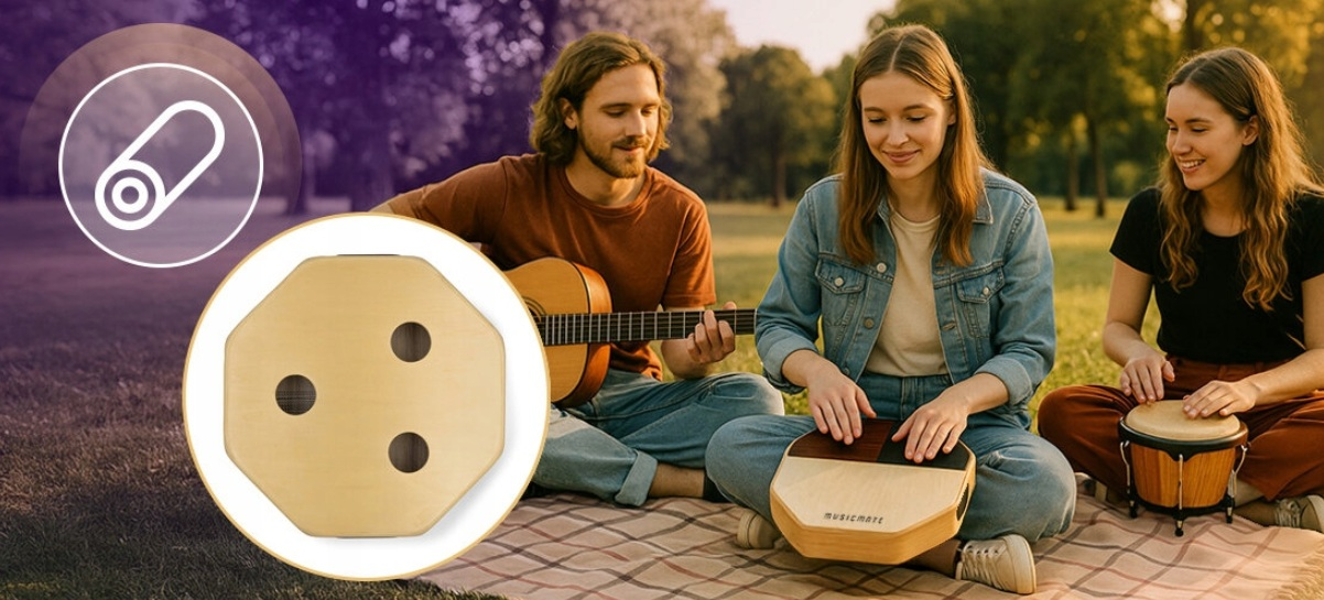 Trzy osoby grają muzykę na kocu w parku. Mężczyzna gra na gitarze, dwie kobiety na bębnach.
