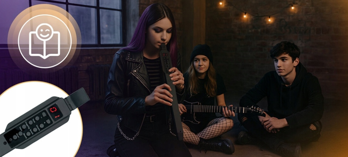 Trzy osoby w słabo oświetlonym pokoju. Jedna gra na instrumencie dętym, druga na gitarze.