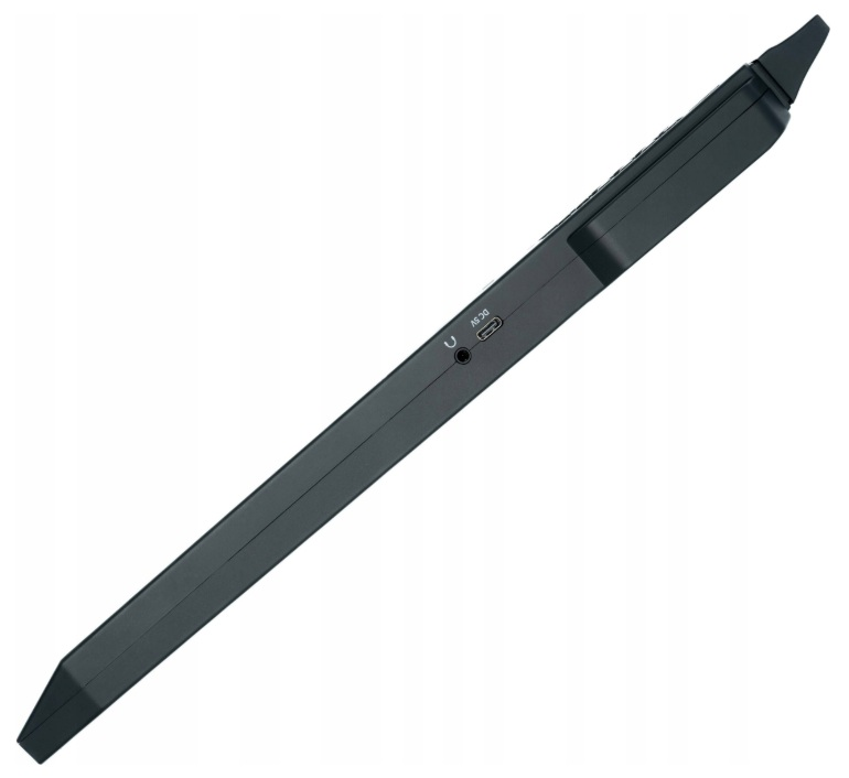 Czarny przenośny elektroniczny instrument dęty z portem USB i gniazdem słuchawkowym.