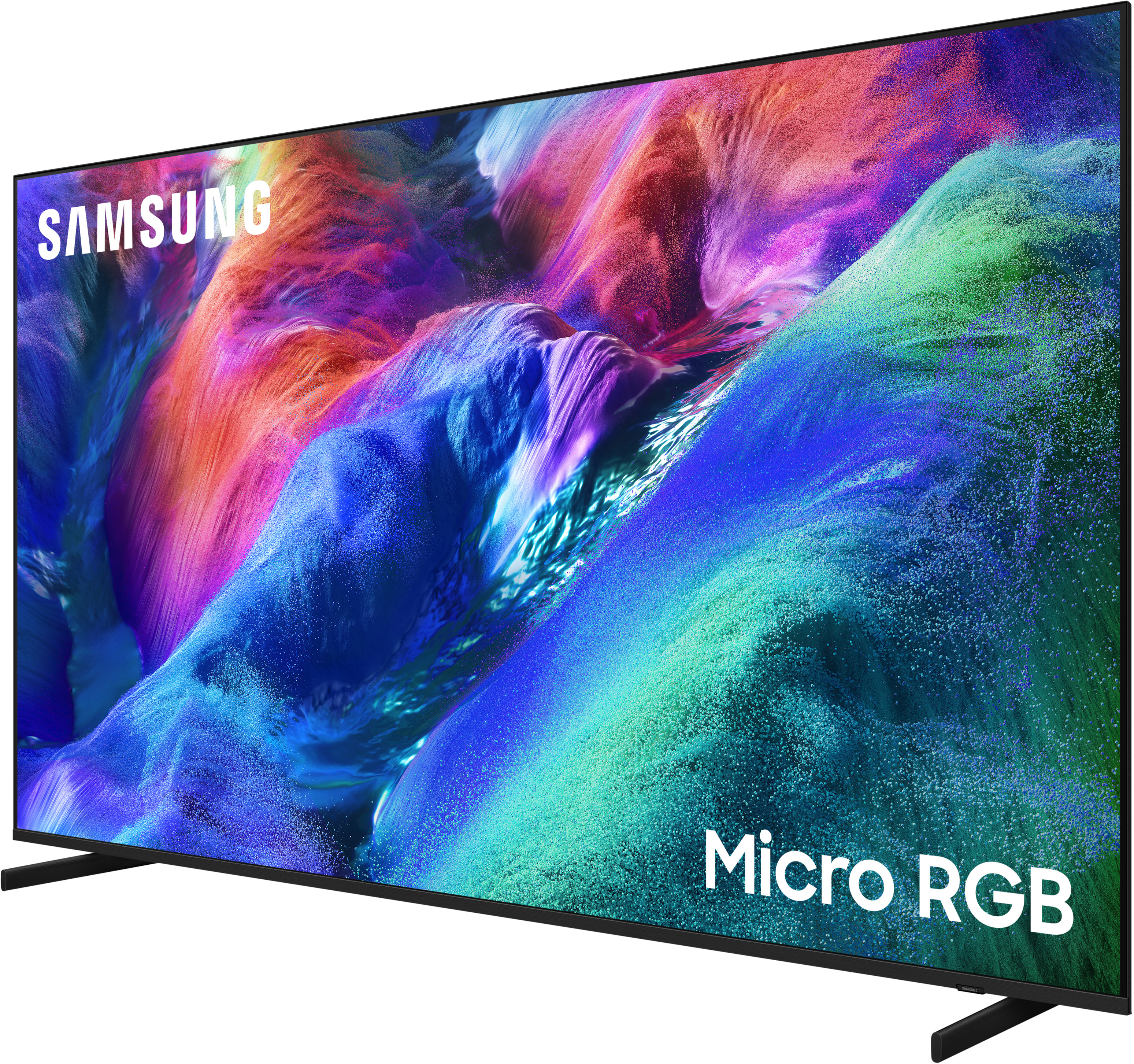 Ein Samsung Micro LED-Fernseher mit farbenfrohem Bildschirminhalt und schwarzem Standfuß.