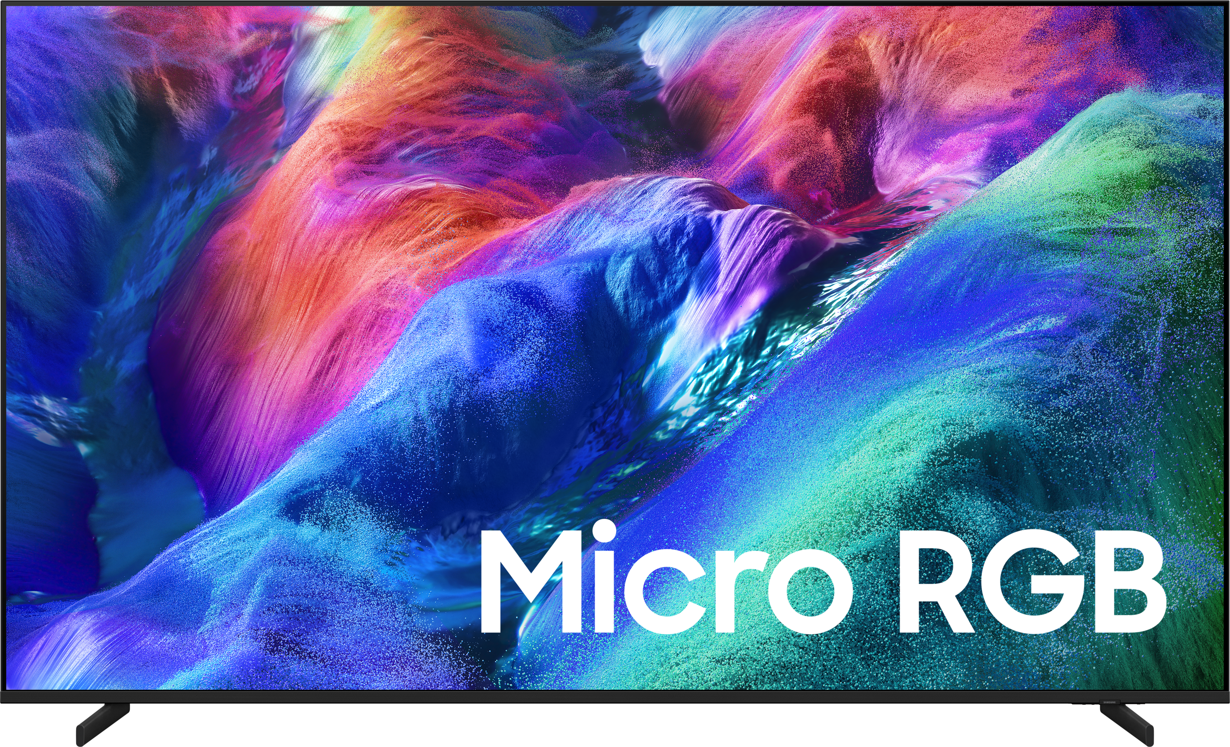 Ein Fernsehbildschirm zeigt eine abstrakte Darstellung von Farben und Texturen mit dem Text "Micro RGB".
